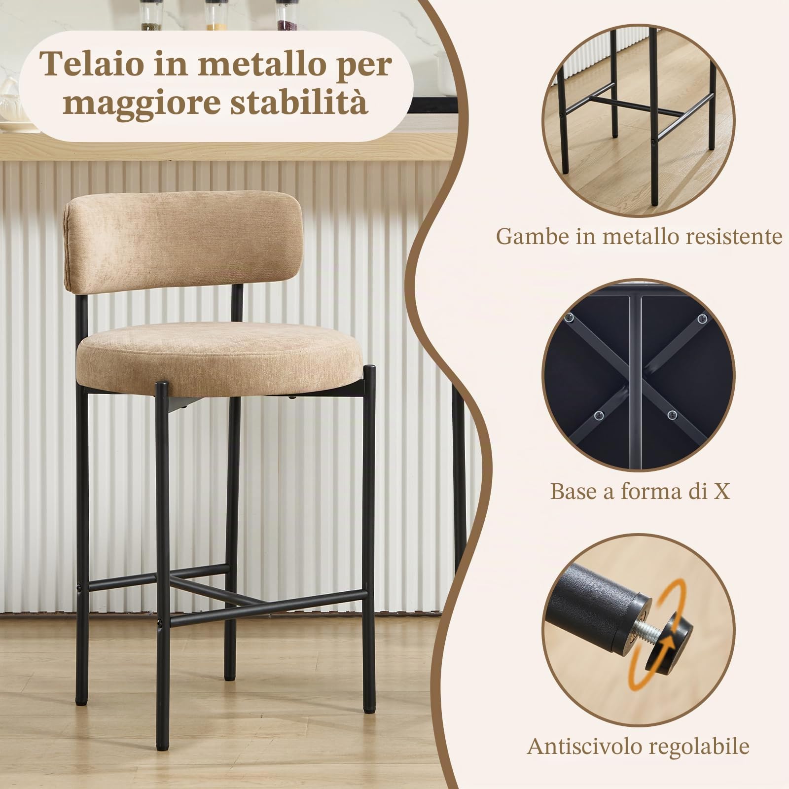 Set di 2 Sgabelli da Bar in Chenille Stile industriale Cachi