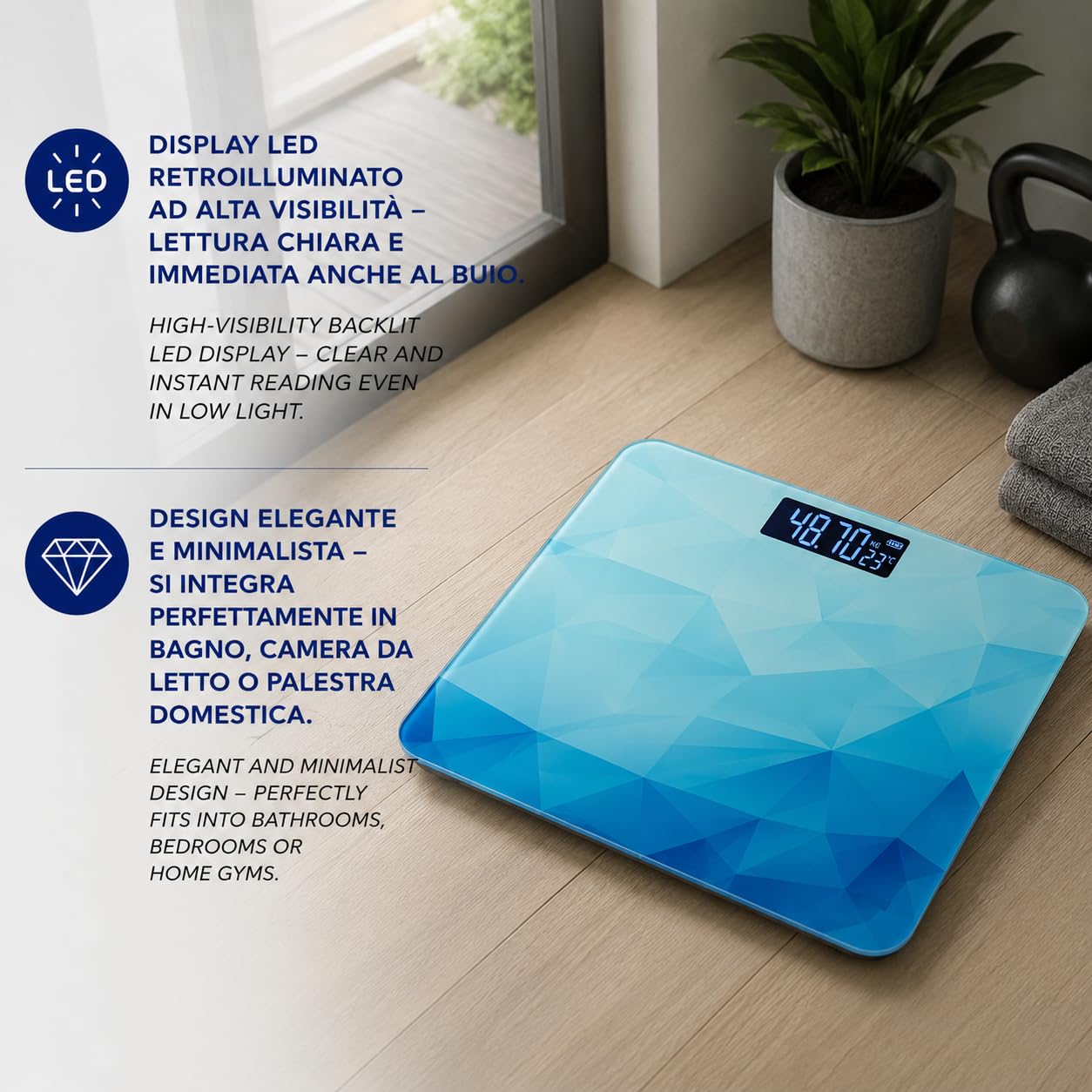 IPEA Bilancia Pesapersone Digitale Ultra Sottile - Tecnologia STEP ON - Massima Precisione Peso - Design Elegante - Bilancia in Vetro Temperato con Display misurazione precisa 0,1 KG - Max 180Kg