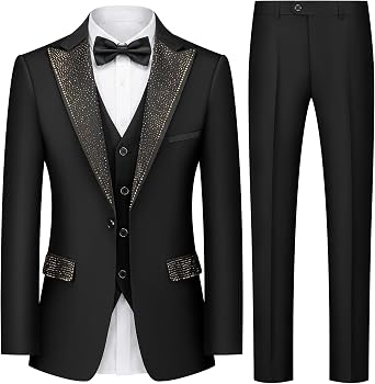 Mens 3 Pieces Tuxedo Slim Fit Rhinestone Embellished Suit Blazer Vest Pants Peaked Lapel Stylish Prom Banquet Wedding
