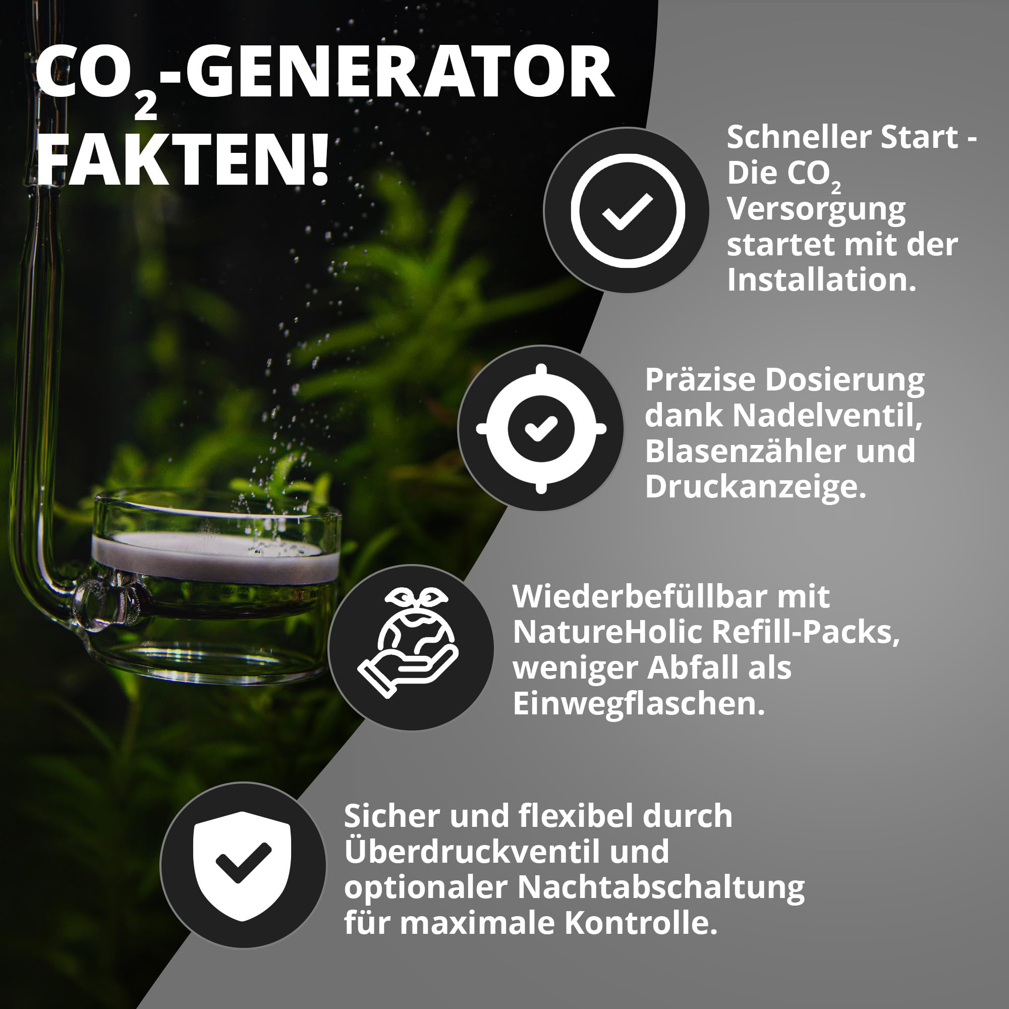 NatureHolic - Generador de CO2 I Nueva planta de CO2 I Bien ajustable y ajustable I Basado en ácido cítrico I Fácil de rellenar I 1 litro