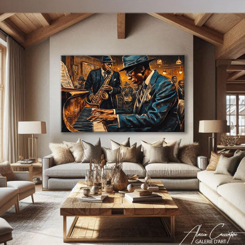 Alessio Cacciatore Quadro Jazzmann - Poster decorativo da parete musicale - Stampa su tela africana - Quadro sassofonista - Decorazione da parete bar - Tela moderna Design Soggiorno (60 x 40 cm)
