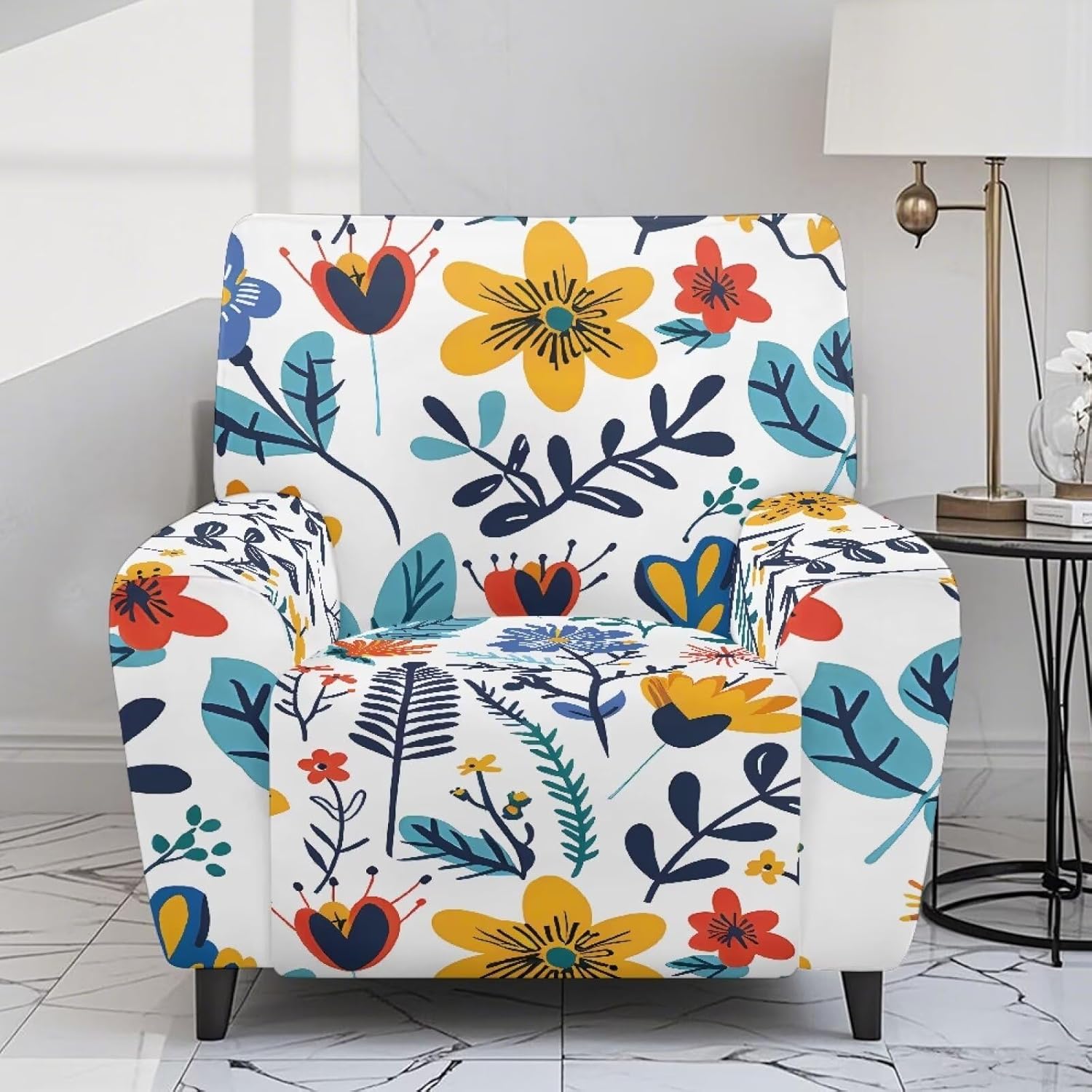 Reclining Chair Covers Slipcover Recliner Floral Chair Slip Covers Chairs Cover Armchair White with Elastic Loops for Living Rooms Stylish