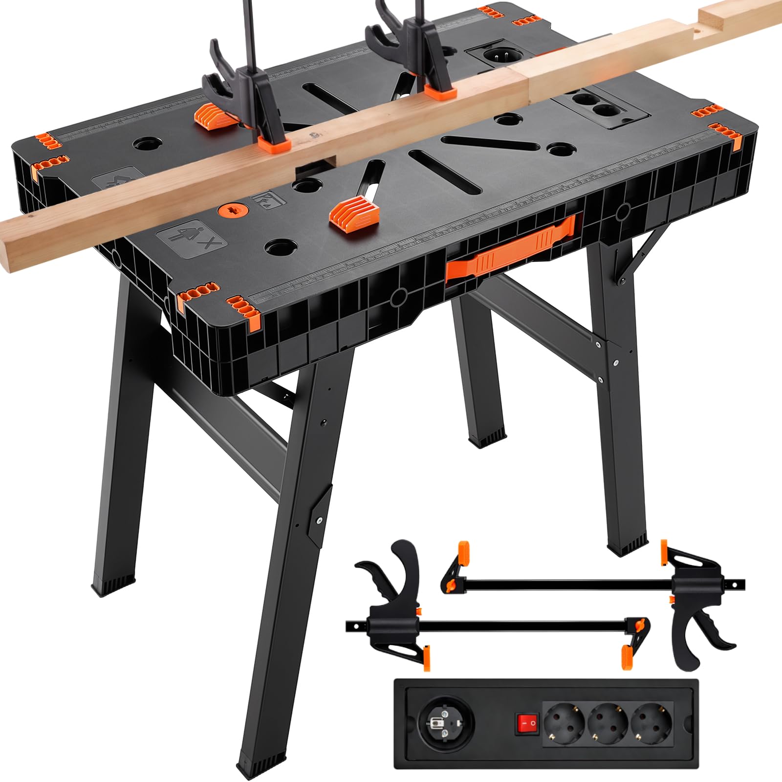 TLGREEN 2er Set Klappbare Werkbank, Tragbare Arbeitstisch mit 4 F-Zwingen | Sägebock Arbeitstisch inkl. 2 pcs Einhandzwinge, für Werkstatt, Garage, Baustelle & DIY, bis 300-500 kg, 86 x 55 × 79cm