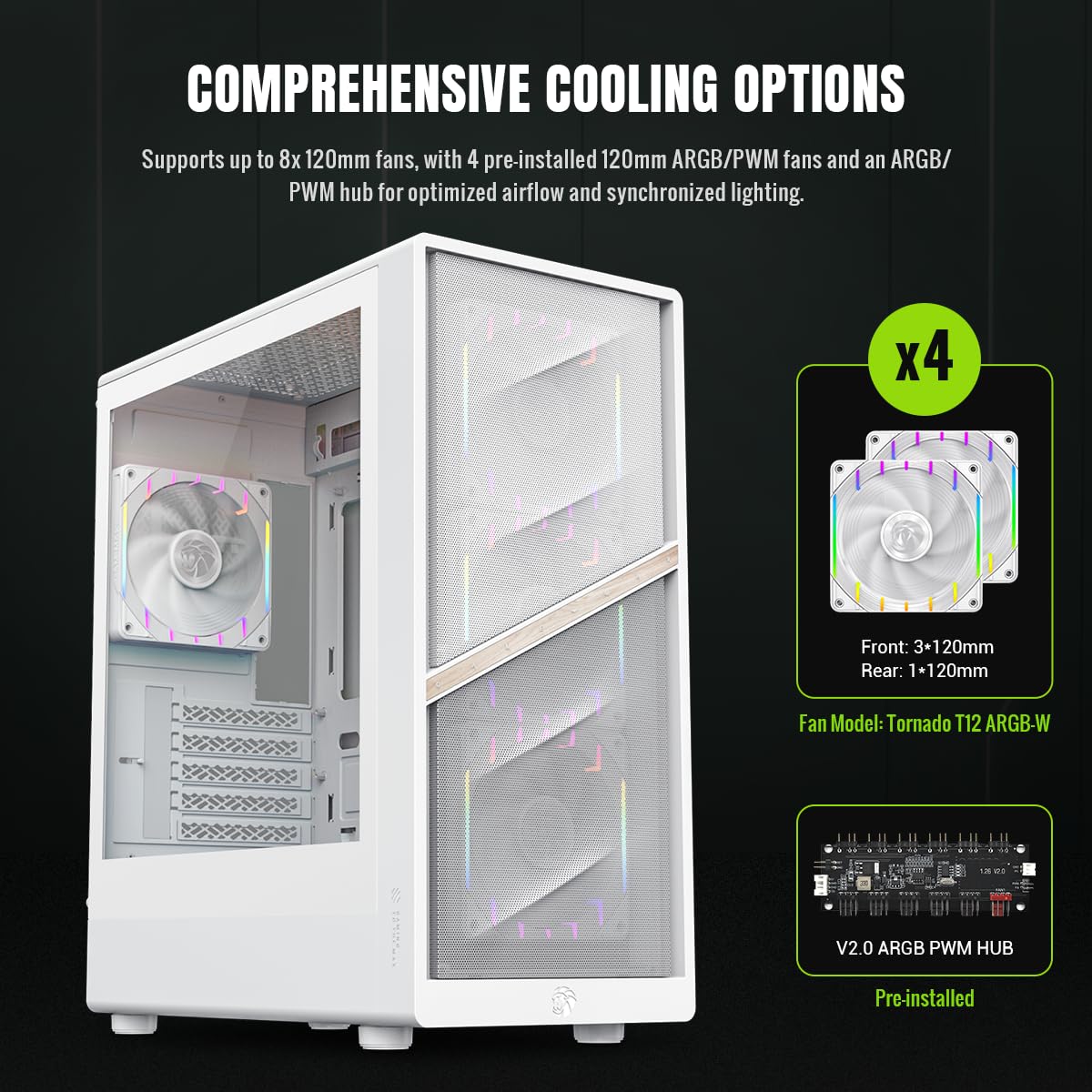 GAMEMAX AERIS 330 MW MATX - Alloggiamento da gioco a forma di leone artiglio, 4 ventole ARGB, rete ad alto throughput, supporto M-ATX, GPU da 330 mm, radiatori da 240/360 mm, USB-C, multi memoria