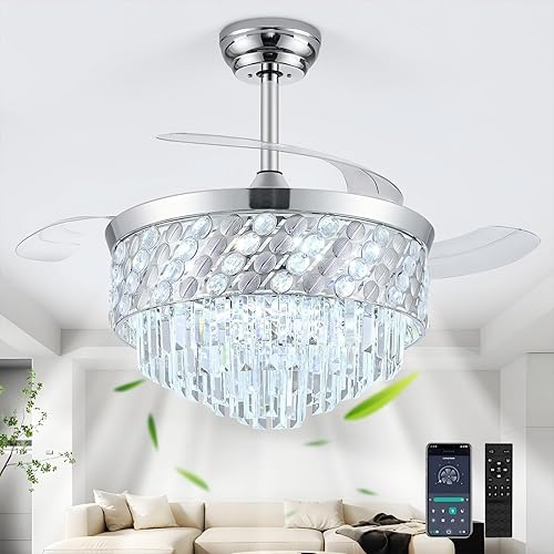 Miniatura 15 de Ventilador de Techo con Luz Fandelier, 42" Ventiladores de Techo Retráctiles con Luces Araña de Cristal, Ventilador Araña LED Regulable para 121