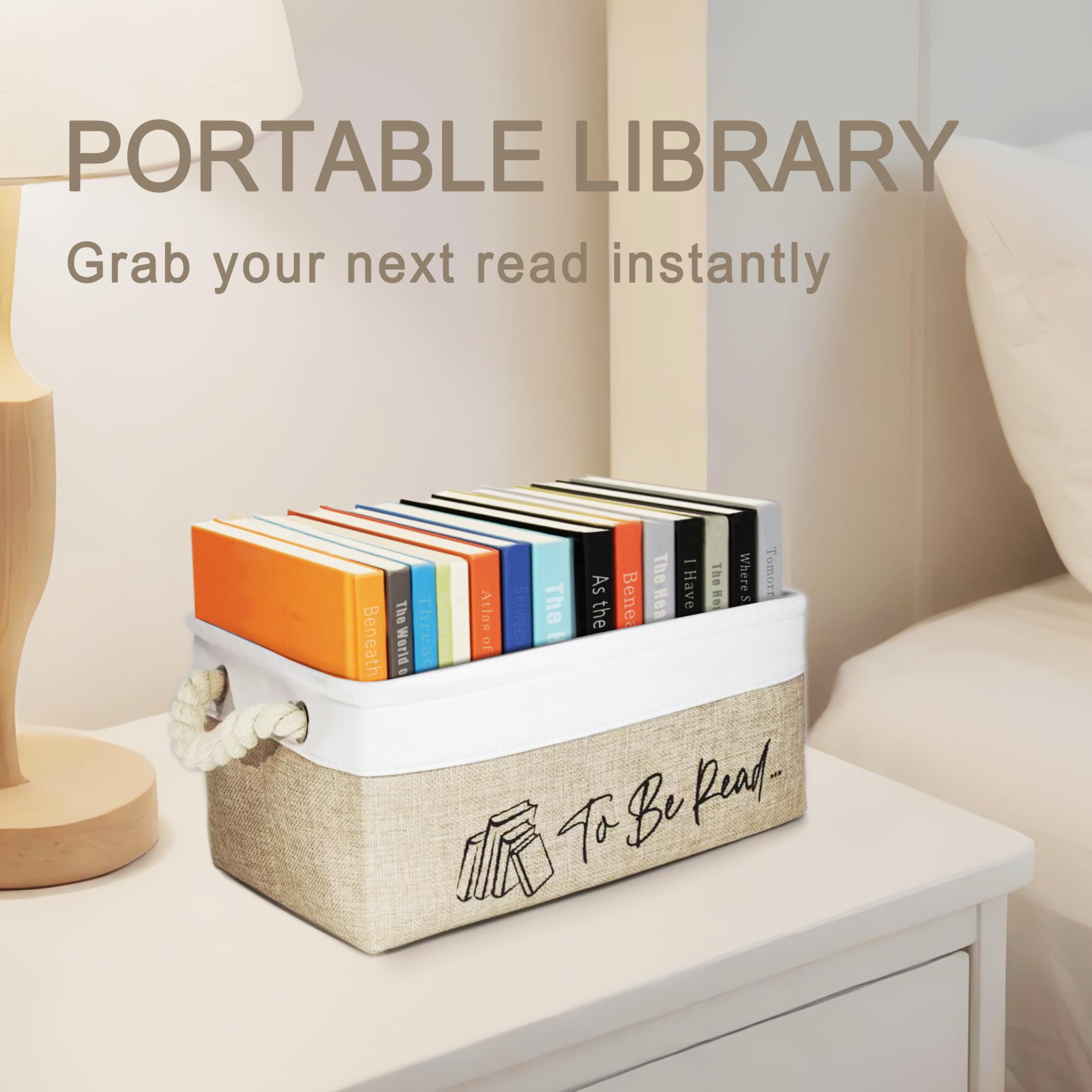 TBR - Cesto portaoggetti per libri con tasca laterale per essere letti, accessori per la lettura, per membri di club e bibliotecari, regalo per libri (bianco e marrone)