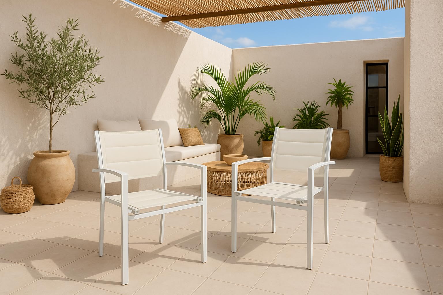 MOMMA HOME Pack 4 Sillas Terraza Exterior - Jardin Acolchadas con Reposabrazos, Material Textiline y Aluminio, Color Blanco, Medidas 87,5 x 56,5 x 57,5 cm