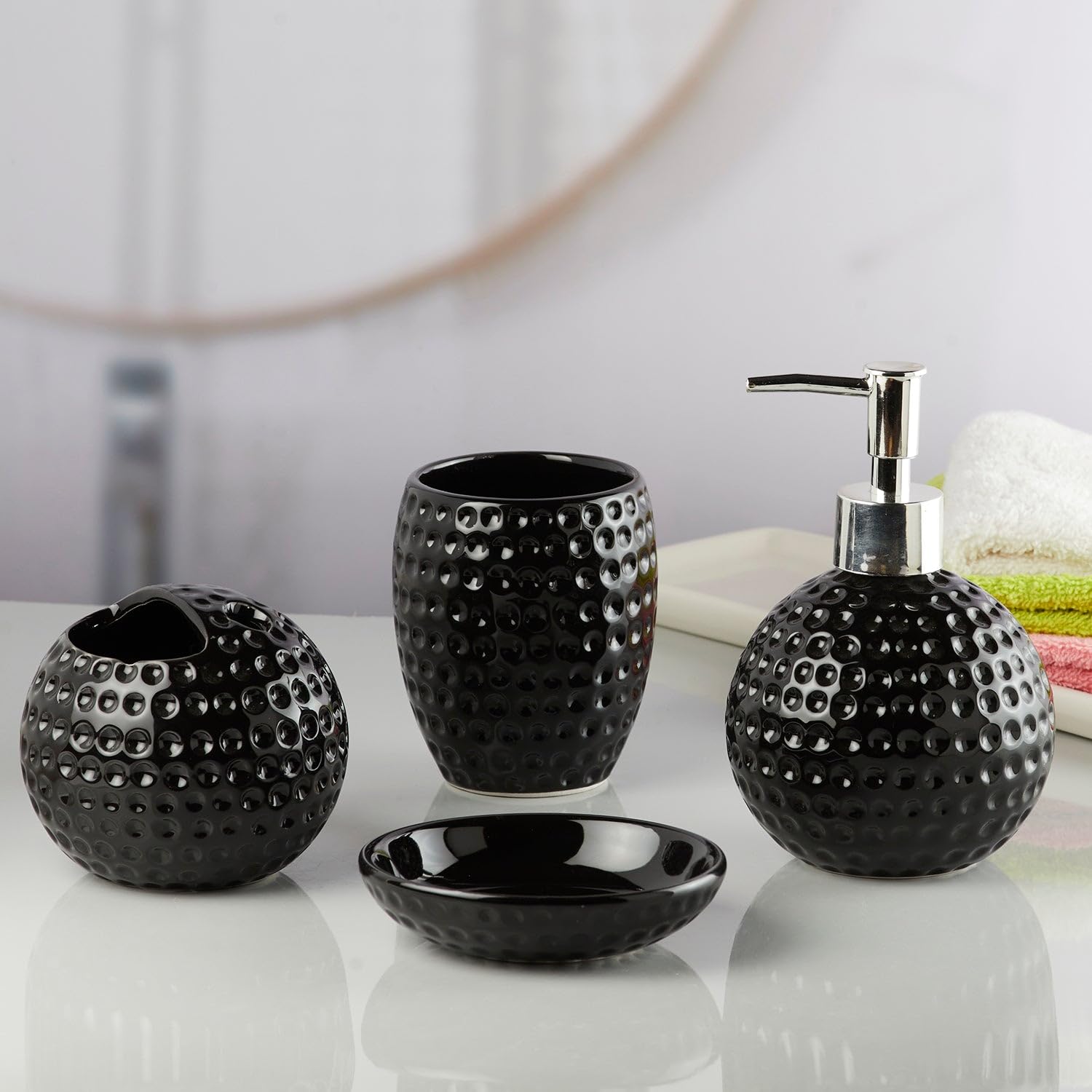SaSaSa Ceramic Bathroom Accessories Set of 4 Modern Bath Set with Soap Dispenser & Toothbrush Holder, Luxury Home & Gift Idea, Black (10240) 1