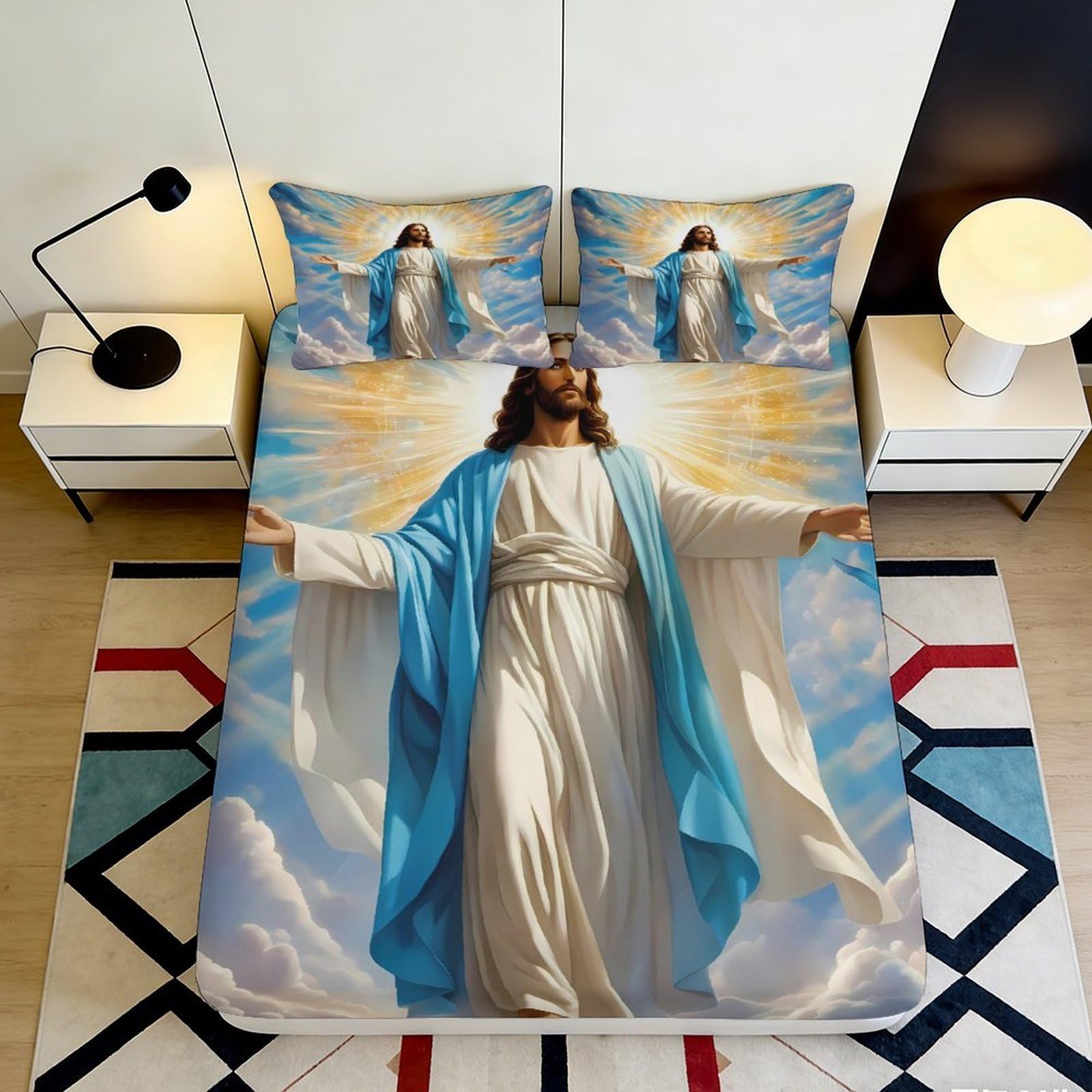 3D Printed Jesus Ascension Fitted Sheet Microfiber Soft Blue White Radiant Light Mattress Cover for Bedroom Dorm Décor 120x200x25cm