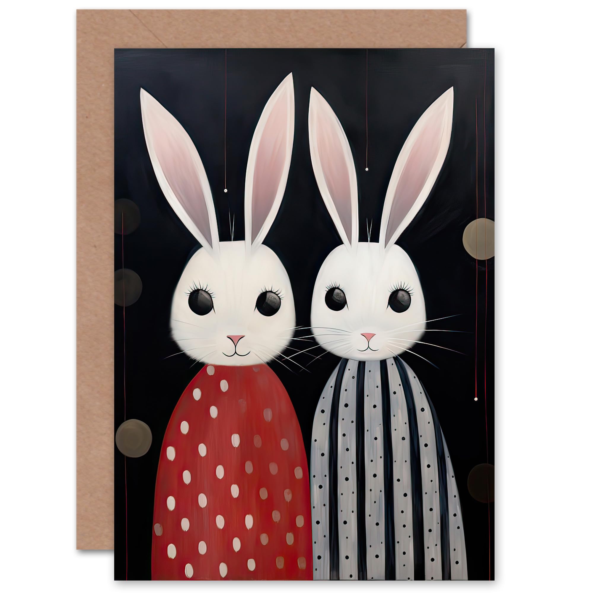 Artery8 White Bunny Rabbits Polka Dot Stripes for Child Children Kids Birthday Thank You Congratulations Blank Art Greeting Card