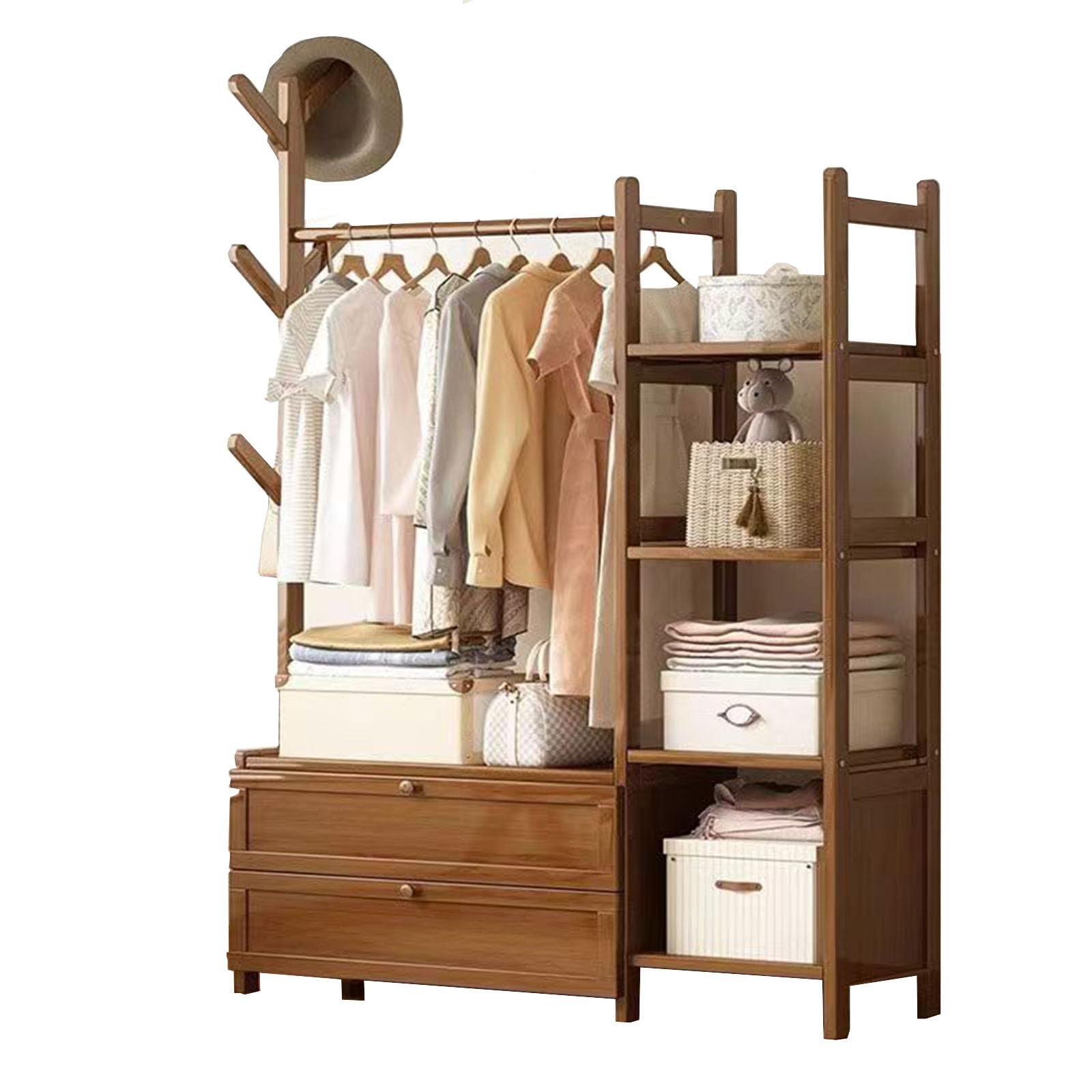 Percha de bambú Abierta, Armario Estable Multifuncional, con cajones y Ganchos de Ropa, Adecuada para dormitorios, vestuarios (Door 80cm/32in#)