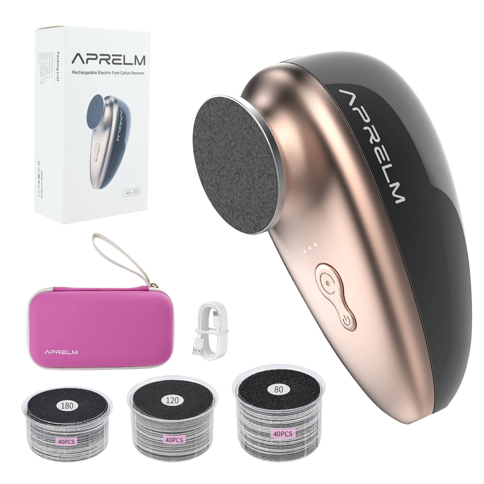 AprElm-E5 Wiederaufladbarer elektrischer Hornhautentferner mit 120 Stück Schleifpapier, professionelle 1000 U/min, elektrische Fußfeile mit Organizer, Pediküre-Werkzeuge, Geschenke für Damen-Schwarz