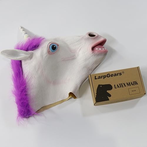 Miniatura 5 de LarpGears Disfraz de Halloween novedoso de lujo máscara de animal de unicornio de látex cabello morado tamaño adulto