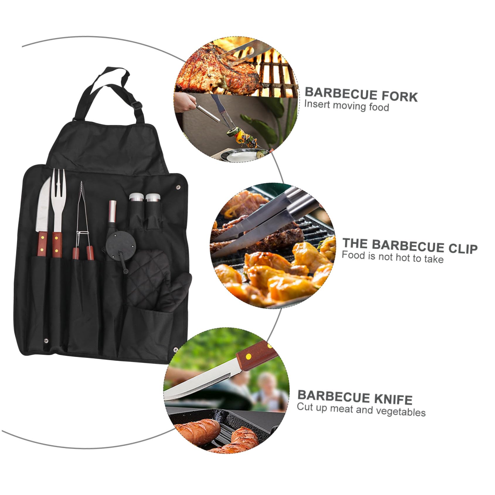 jojofuny Juego de Utensilios para Barbacoa Delantal y Bolsa de Almacenamiento, Herramientas de Acero Inoxidable y Mango de Madera para Barbacoa al Aire Libre en Fiestas
