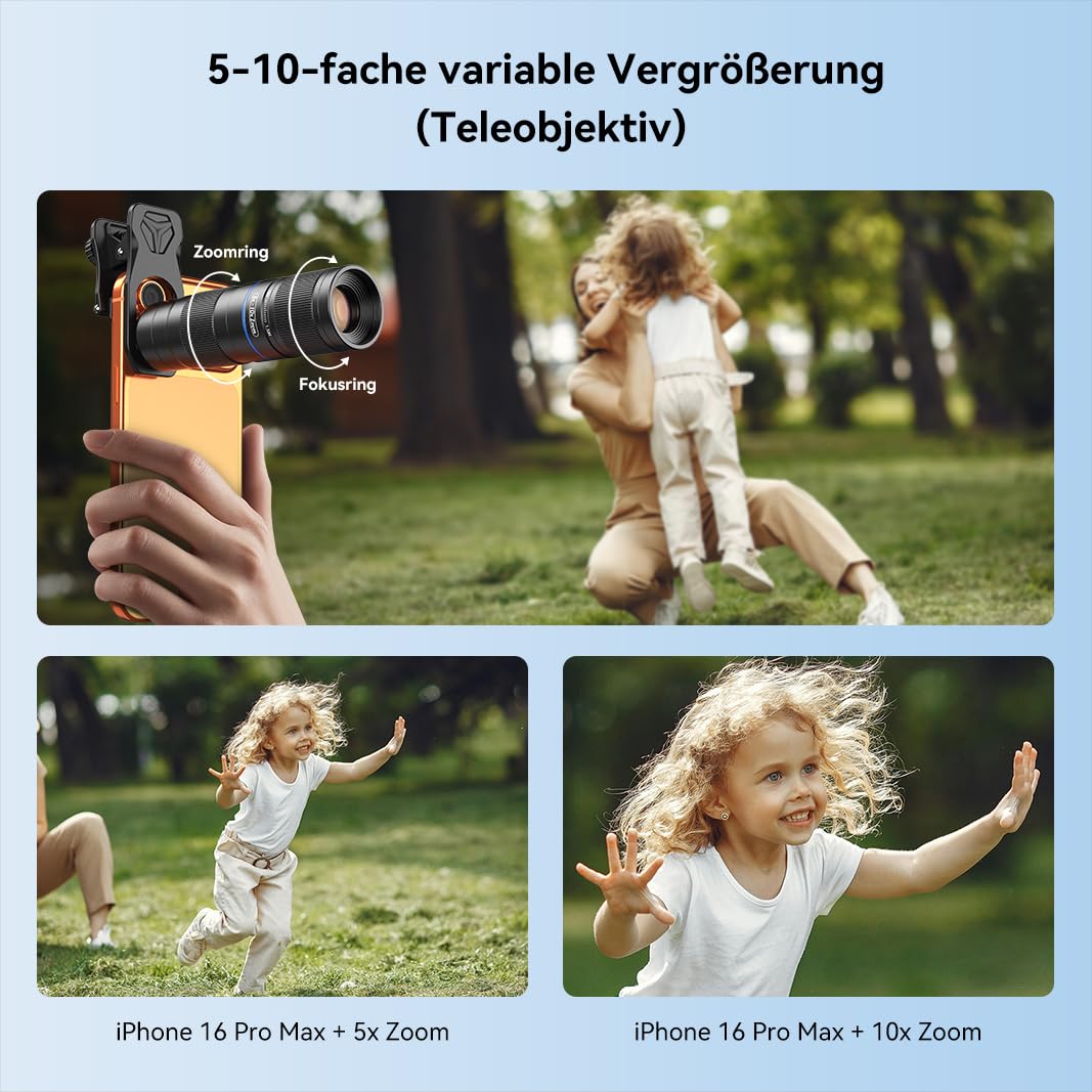APEXEL Kompaktes 5x-10x Zoom-Teleobjektiv für Mobiltelefone mit Universalclip, Mehrfach Vergütetes Teleobjektiv, Geeignet für iPhone 17/16/15..., Samsung, Pixel und andere Smartphones,Schwarz
