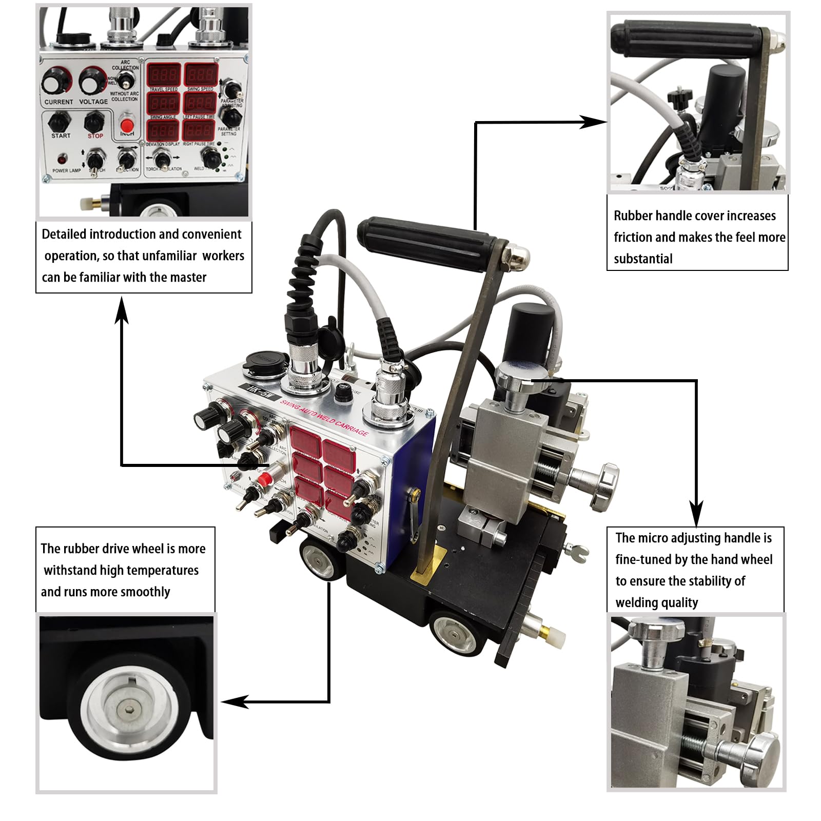 EQCOTWEA Auto Welding Tractor Portable Weaving Weld Carriage Welding Trailer Welding Trolley for Alloy Welding Machine Steel Structure with Swing 150-1900MM/MIN Oscillation Auto Welding Carriage 110V