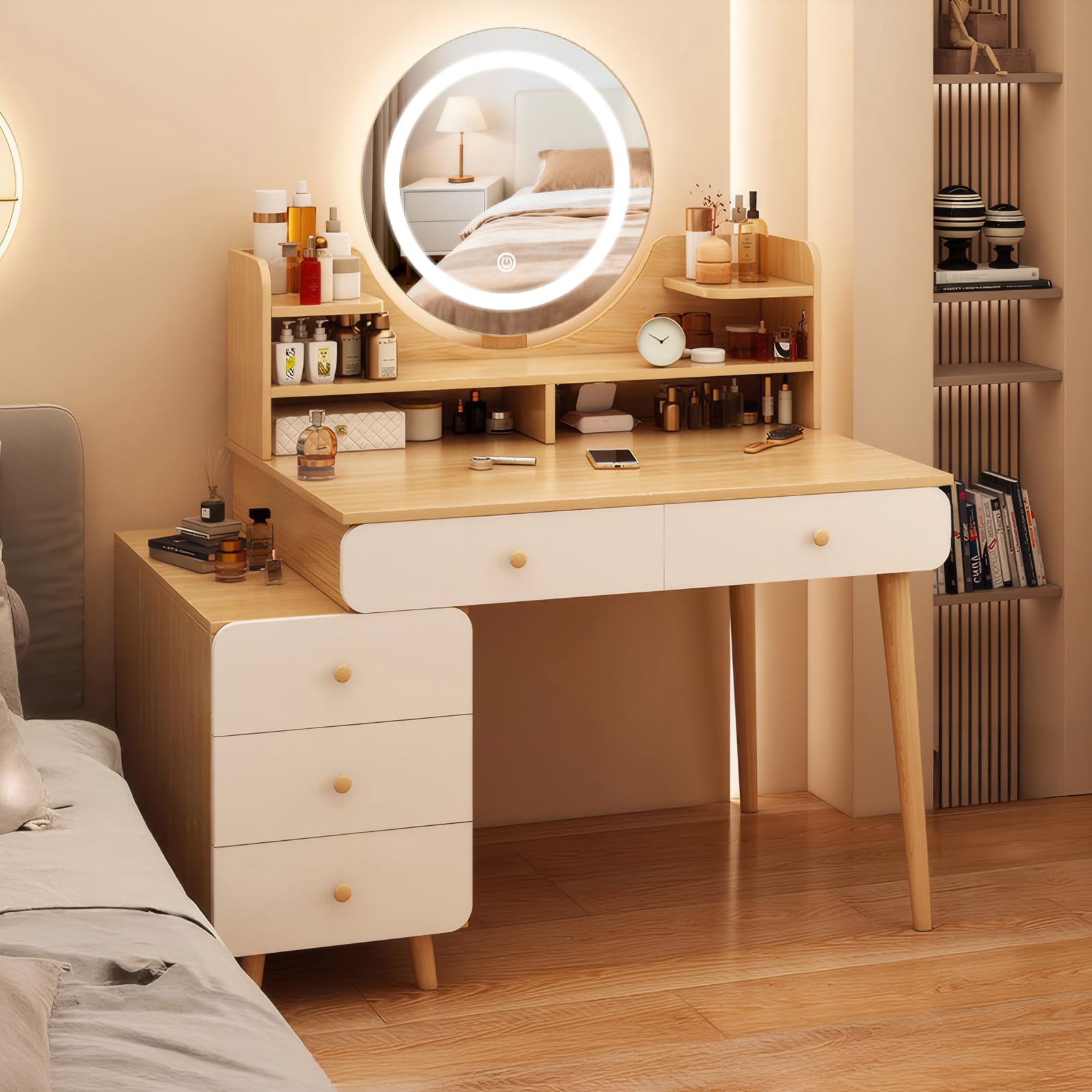 Tocador con Espejo LED, Mesa de Maquillaje con 5 cajones y 6 estantes de Almacenamiento, 40 x 80 x 134 cm, Escritorio tocador con Almacenamiento Extensible, Estilo Moderno de Madera, Blanco