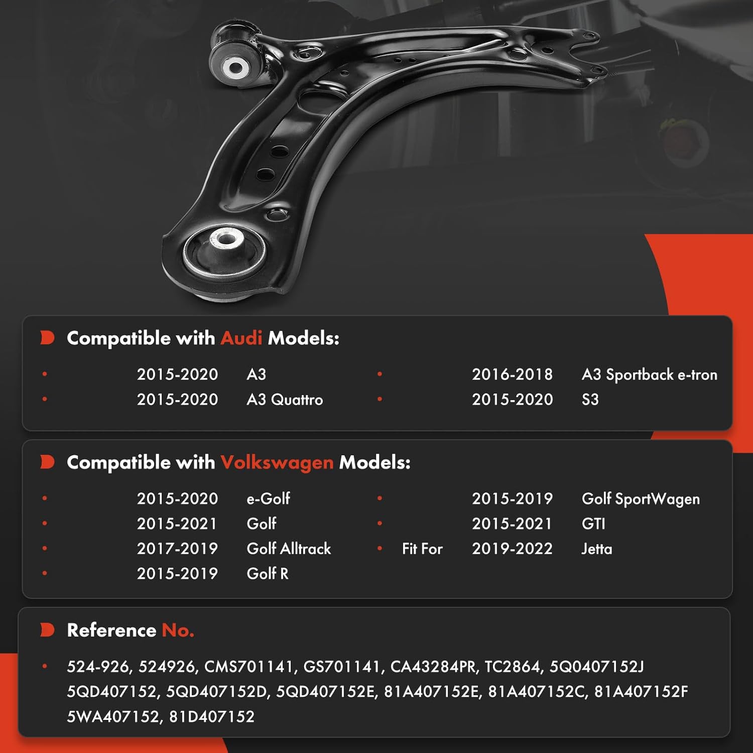 A-Premium Front Right Lower Control Arm, with Bushing, Compatible with Volkswagen Jetta, Golf, Golf R, Golf SportWagen, Golf Alltrack, GTI, e-Golf & Audi A3, A3 Quattro, A3 Sportback e-tron, S3