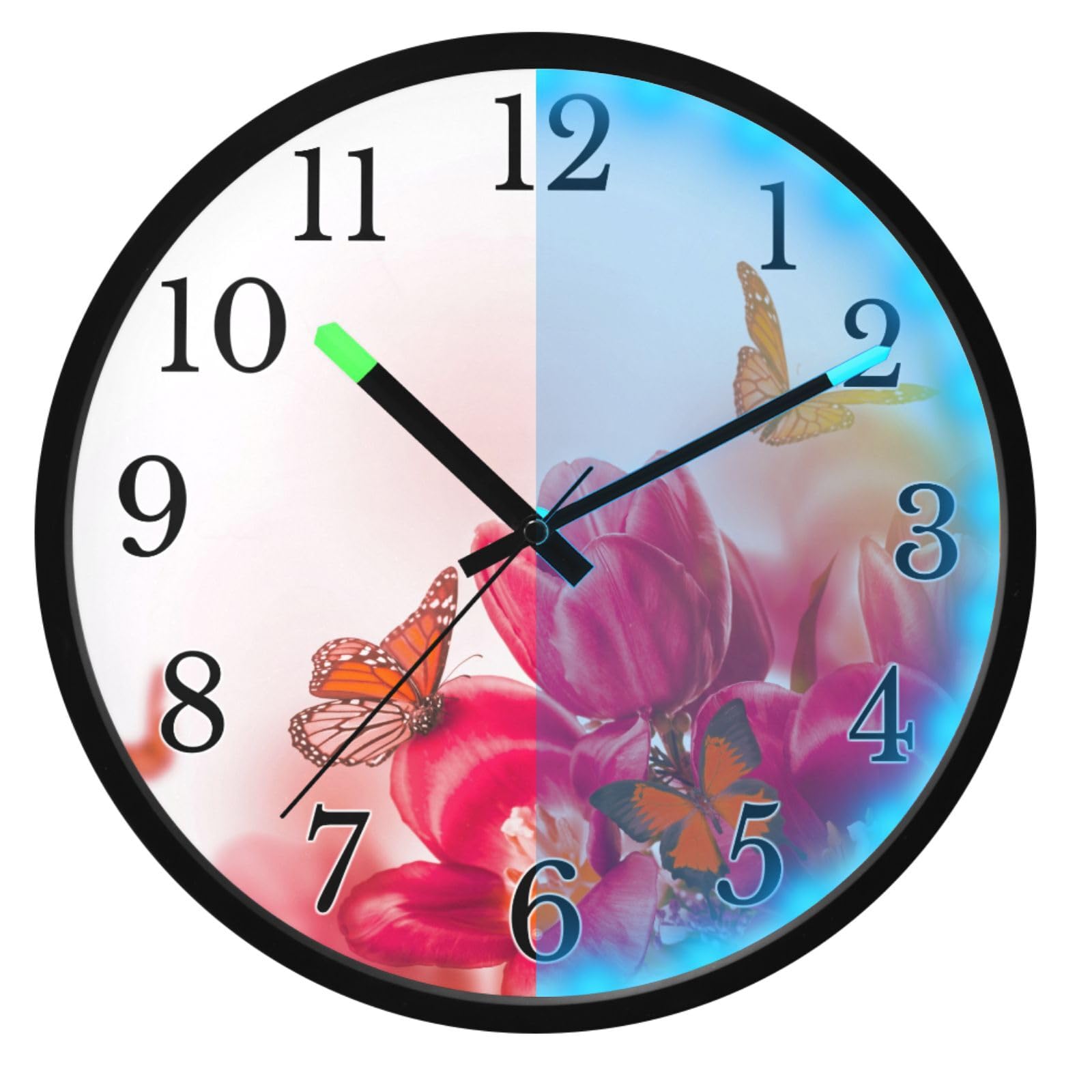 Mnsruu Reloj de pared luminoso con diseño de mariposa roja y rosas, reloj de pared que brilla en la oscuridad, funciona con pilas, reloj de luz nocturna silencioso sin tictac para dormitorio