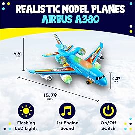 Toysery Airplane Toys for Kids, Bump and Go Action, Toddler Toy Plane with LED Flashing Lights and Sounds. Ideal for Boys & Girls 3-12 Years Old (Airbus A380) (Airplane)