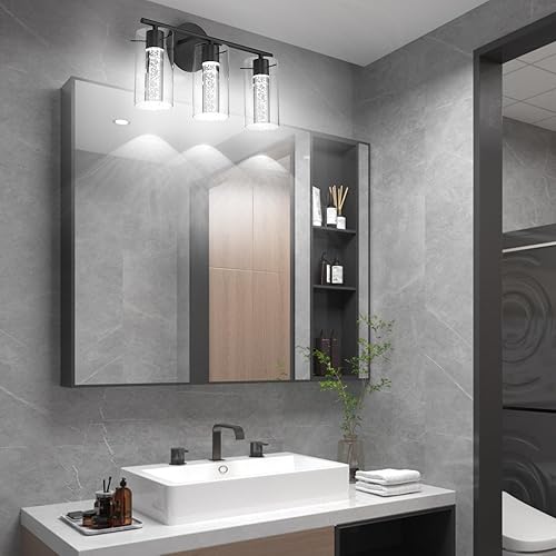 Miniatura 8 de Tipace Lámpara de tocador moderna, lámpara LED negra de 3 luces, accesorios de iluminación de baño de cristal sobre el espejo, accesorios de