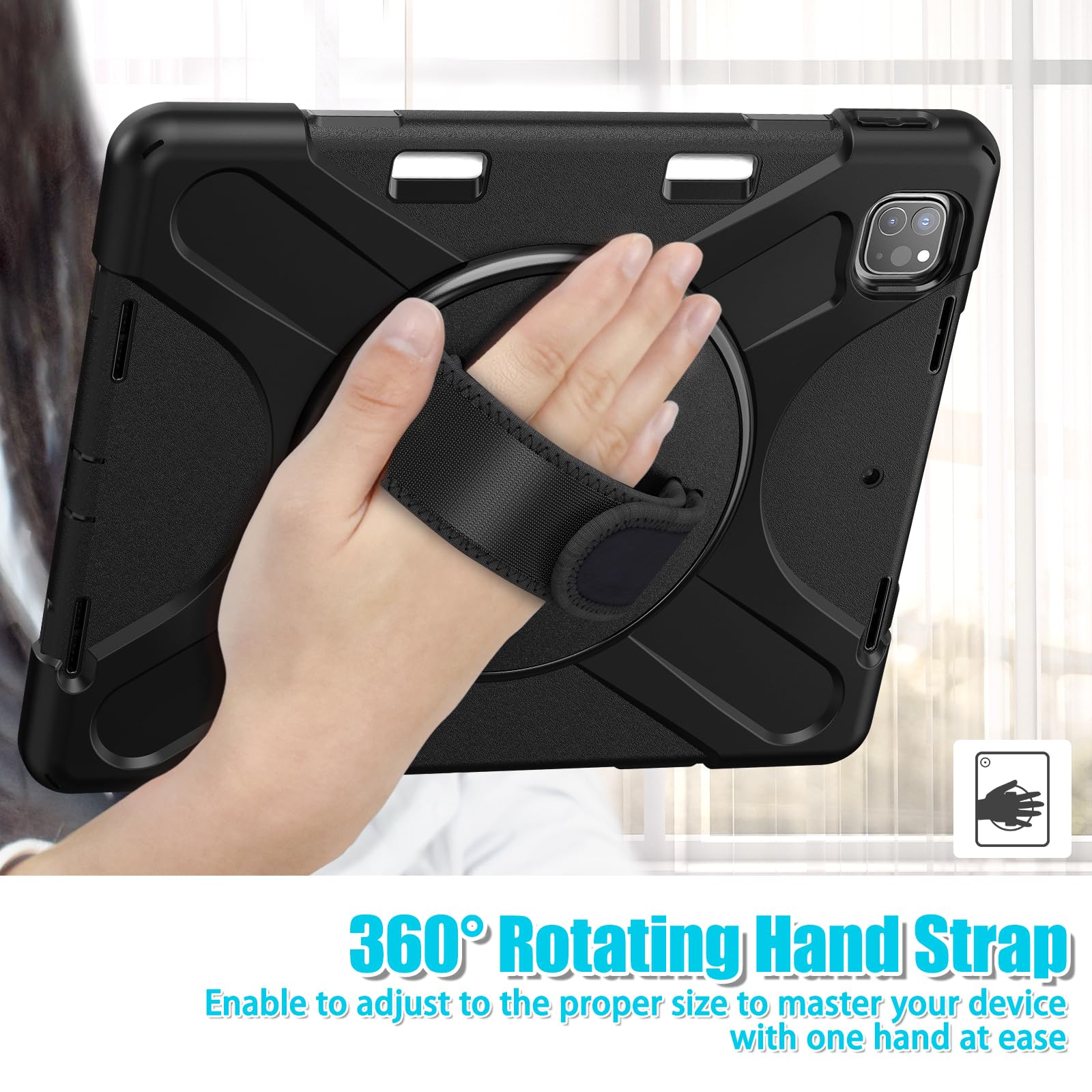 Gerutek Coque Pour IPad 9,7 Pouces (6ème/5ème)/Air 2/Pro 9.7", Étui Antichoc Robuste Structure à 2 Couches Avec Support Pivotant, Arrière Transparente, Dragonne Et Dandoulière Réglable/Amovibles, Noir