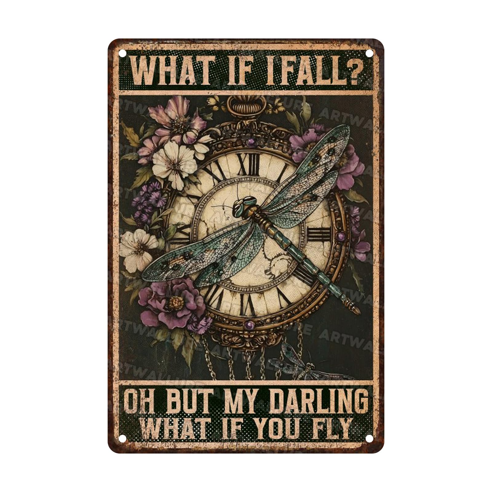 Dragonfly Tin Sign “What If I Fall” - Vintage Hippie Metal Wall Art for Bedroom, Home Office, Cafe & Boho Decor 8x12 Inch