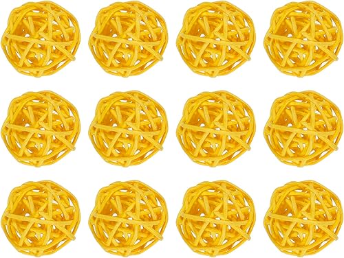 MECCANIXITY 12 bolas decorativas de mimbre de ratán de 1.2 pulgadas para rellenos de jarrones, bodas, jardines, fiestas de pasillo, color amarillo