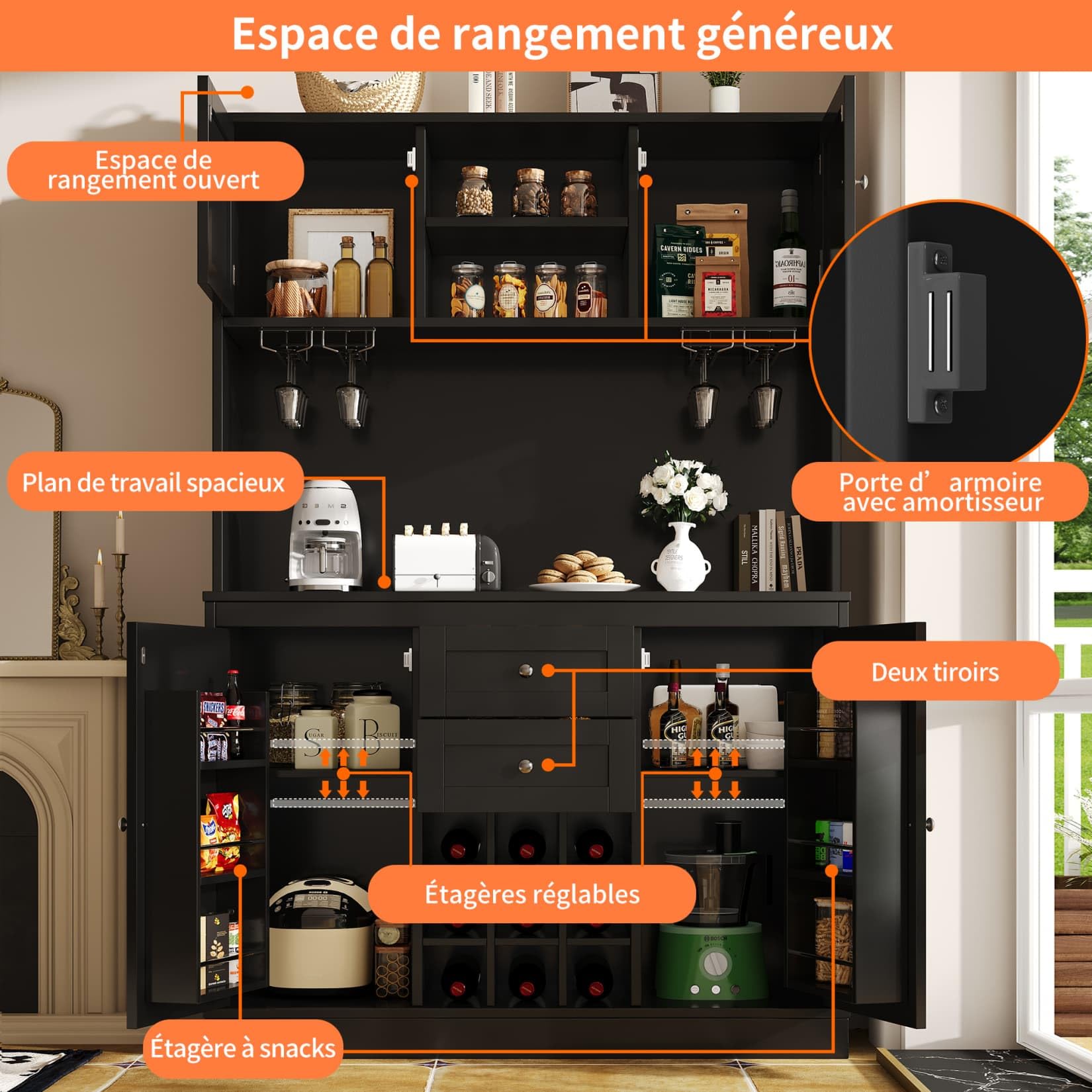 PUGSDRLY Buffet de Cuisine avec 4 Portes et 2 Tiroirs,Meuble de Rangement avec étagères réglables et casier à vin,Buffet Haut pour Cuisine,Salon et Salles à Manger,120x40x188cm (Noir)