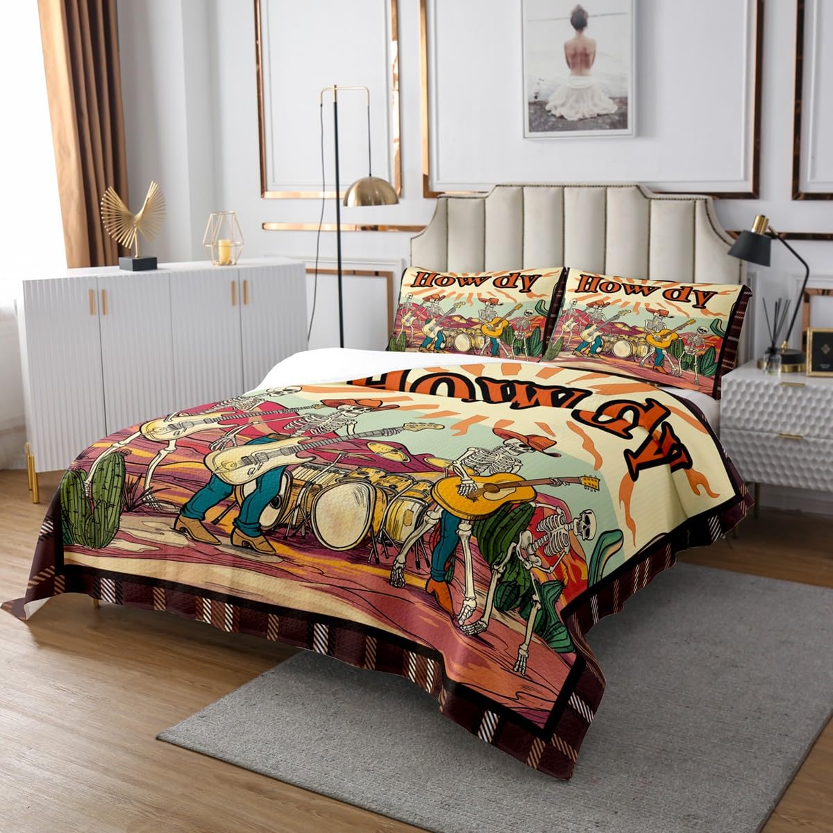 Manfei Howdy Bedspread Twin Size, Cowboy Skeleton Music Theme Coverlet Set for Kids Boys Teens, Western Desert Cactus Quilted Coverlet with 1 Pillowcase, Soft Polyester Bedding Quilt