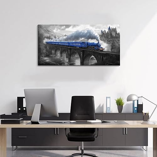 Miniatura 3 de JEAWA Lienzo impreso para pared, pintura en lienzo azul y gris, impresión de tren para dormitorio, baño, comedor, decoración de oficina en casa,