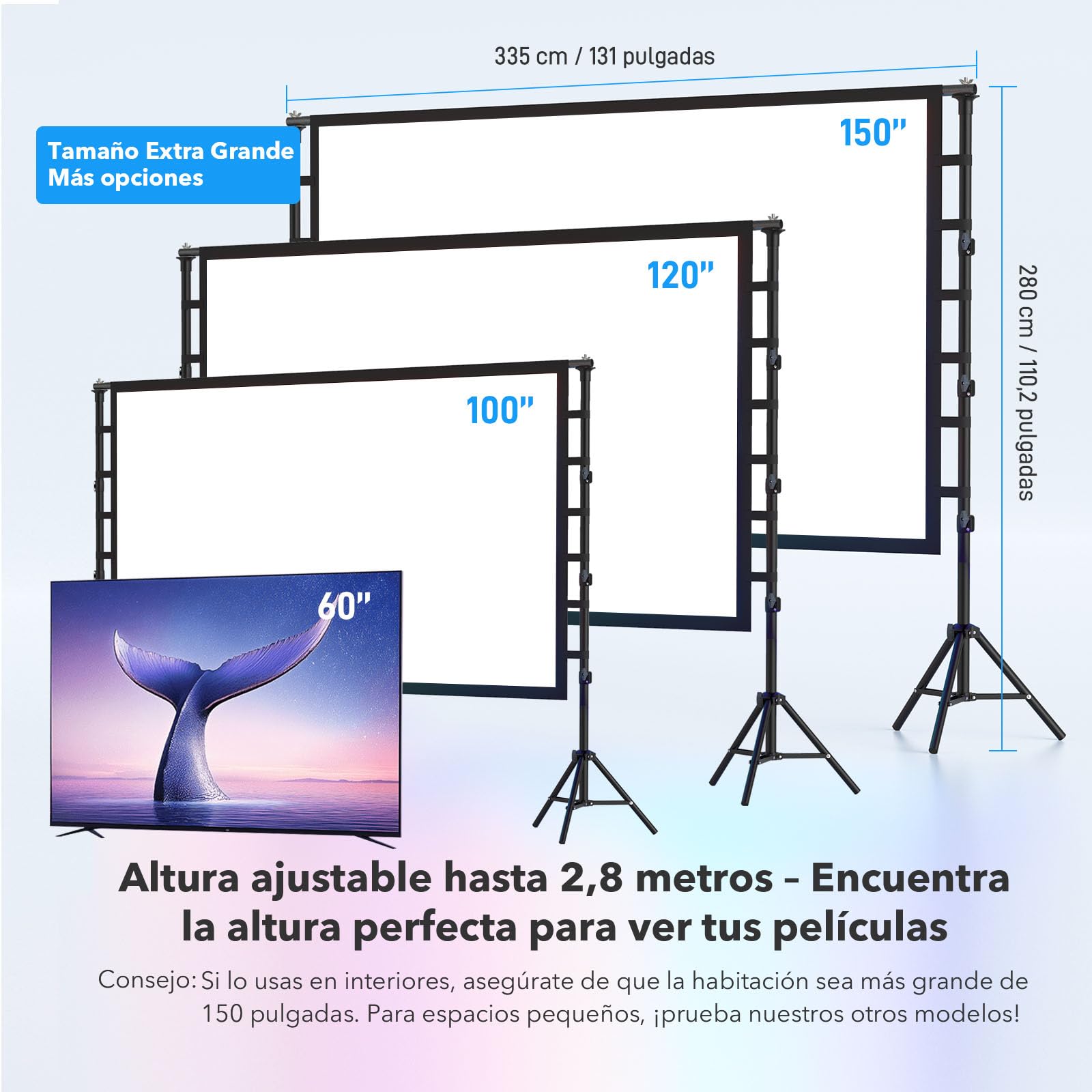 Pantalla de proyección para exteriores con trípode de 150 pulgadas: pantalla de proyección portátil 16:9 4K HD, pantalla de cine para interior/exterior, con bolsa de transporte y soporte