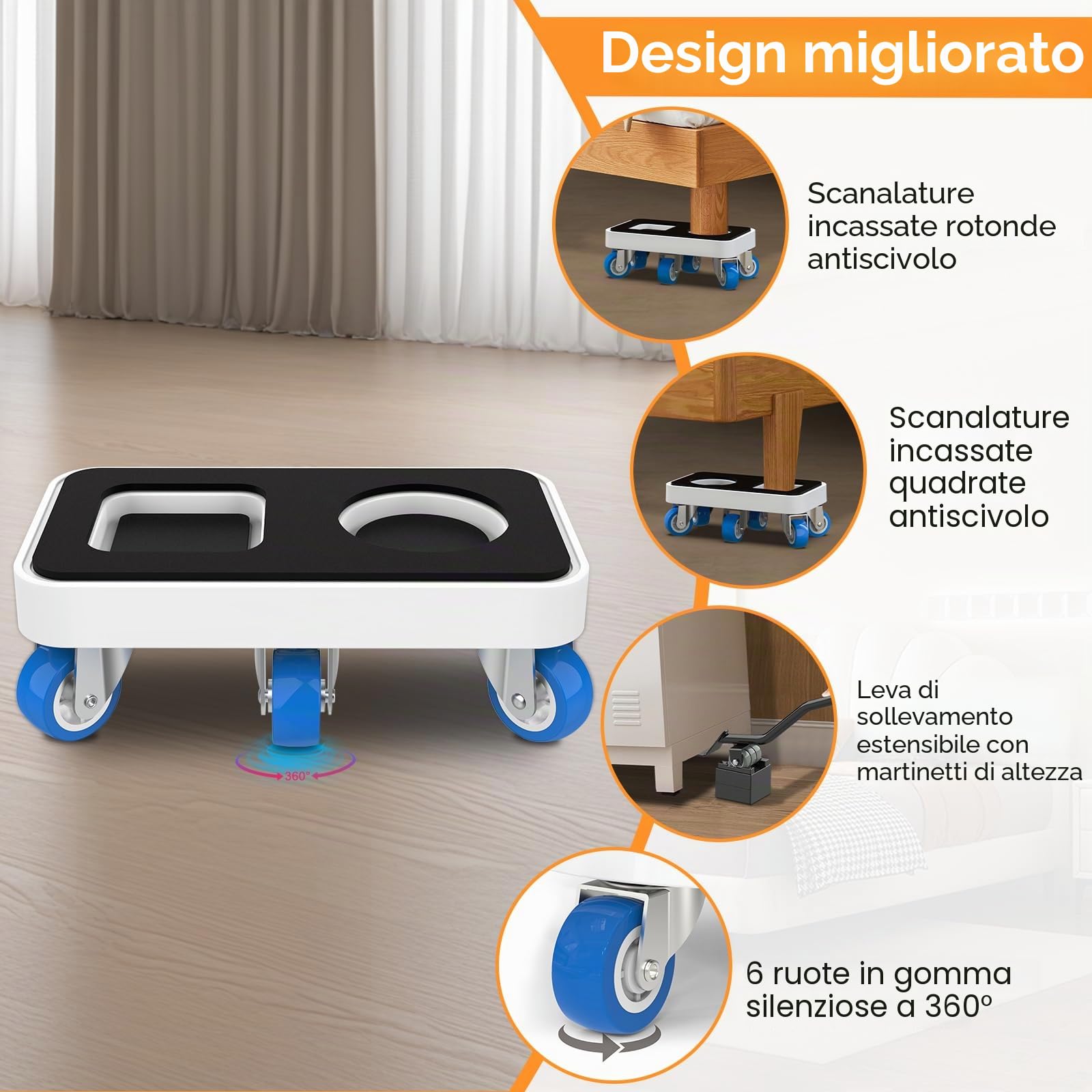 NIUXX Sollevatore Mobili, Set per Spostare Mobili Pesanti con Ruote Girevoli a 360°, Sposta con Facilità, Adatto per Vari Tipi di Mobili (1,5 rettangolare pollici + piede di porco)