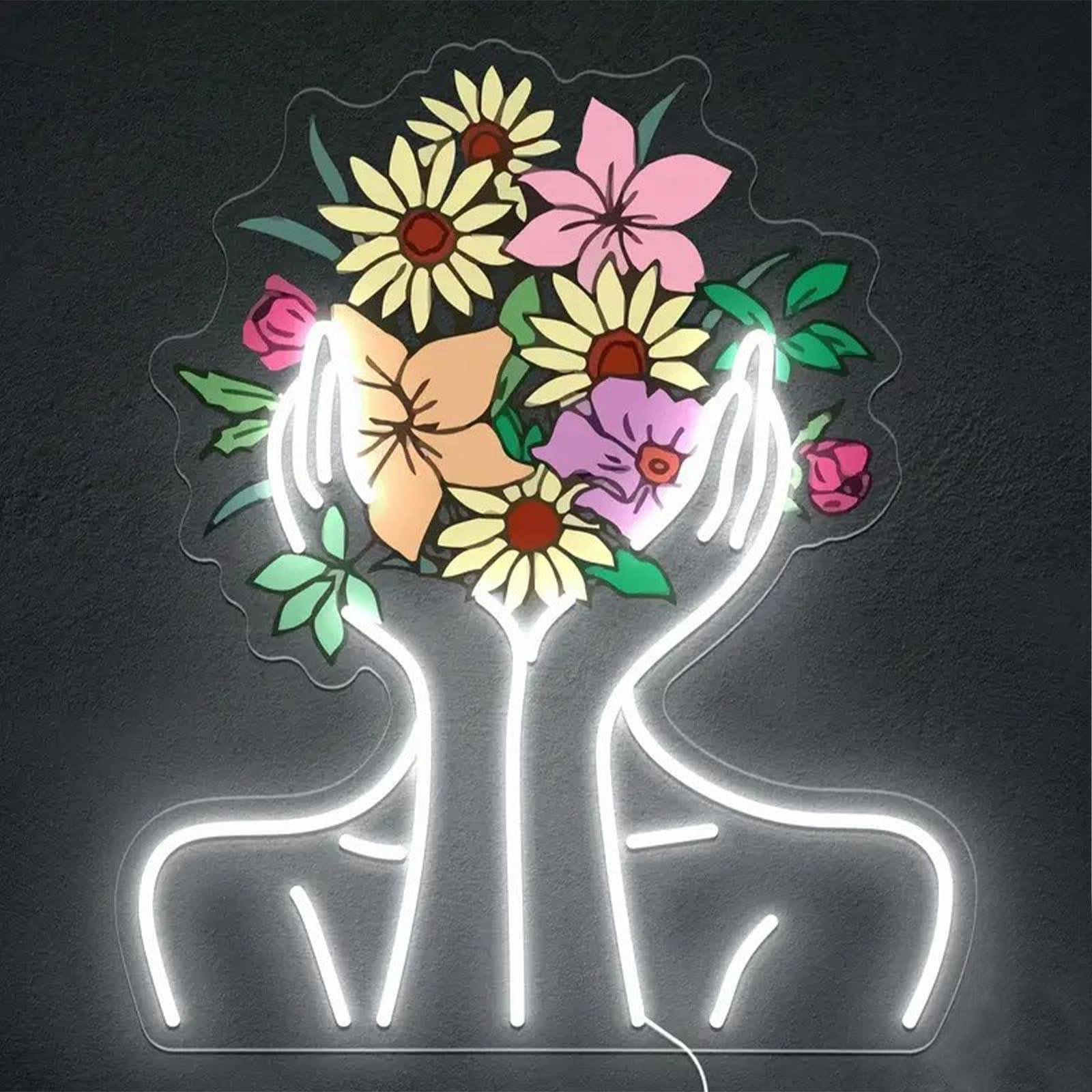 Hands Holding Flowers UV Print Neon Sign for Man Cave Bedroom Room Lights Neon Light Up Signs Decorations Birthday Party