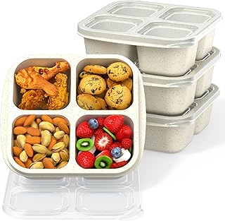 Bento Snack Boxes (4 Pack)- Reusable 4-Compartment Meal Prep Containers for Kids and Adults, Perfect Food Storage Containers for School, Compact and Stackable (Beige)