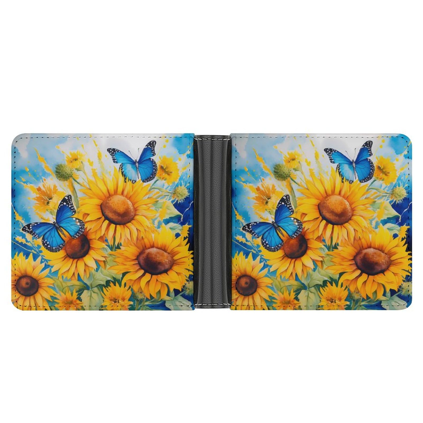 Watercolor Sunflowers And Butterflies Bifold Wallet PU Leather Coin Purse Lightweight Credit Card Holder Wallet Money Clip