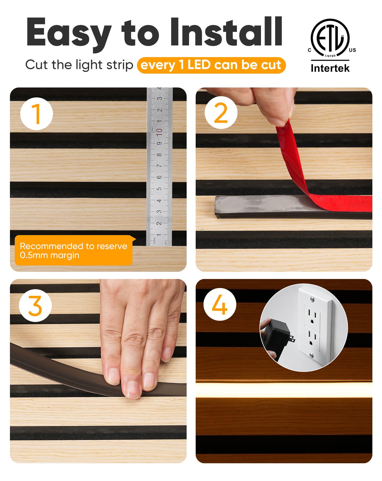 Kit de luces LED empotrables, flexibles y cortables, luces LED blancas cálidas de 3000 K, tiras de luces autoadhesivas regulables para paredes de listones de madera, paneles