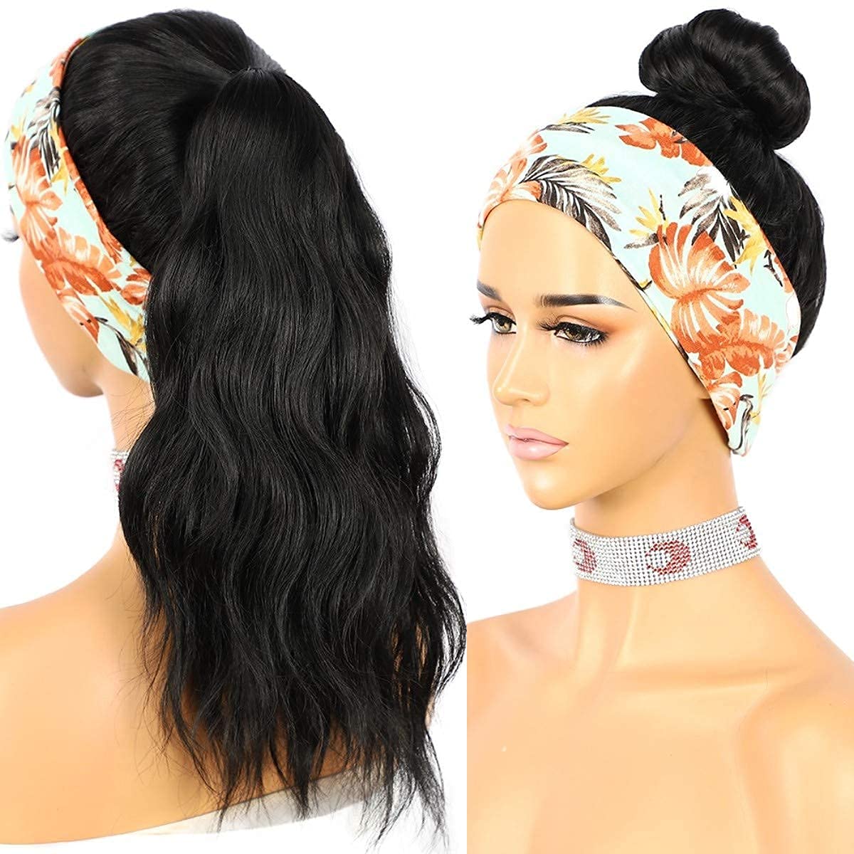 Black Headband Wig Dark Brown Long Wavy Synthetic Heat Safe Wig Glueless Daily - View #2