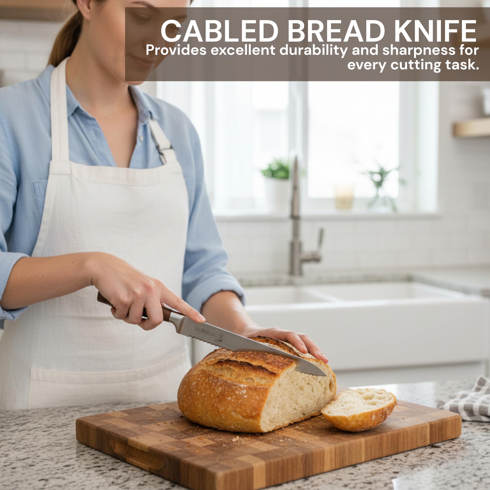 Royal Swiss Juego de 6 cuchillos con bloque de cuchillos y afilador de cuchillos – Cuchillos de cocina de acero inoxidable con mango de madera – Juego de cuchillos de cocina profesional marrón