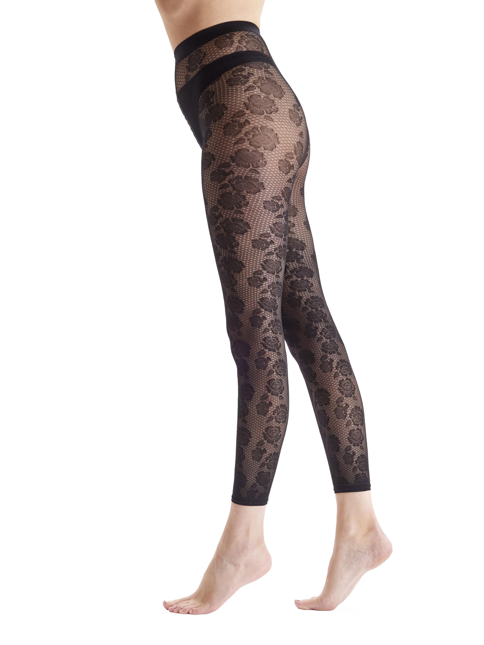 Pretty PollyWomen's Floral Footless Tights- fun design to add boldenss to your look, Black (Black), One Size (L-2XL)