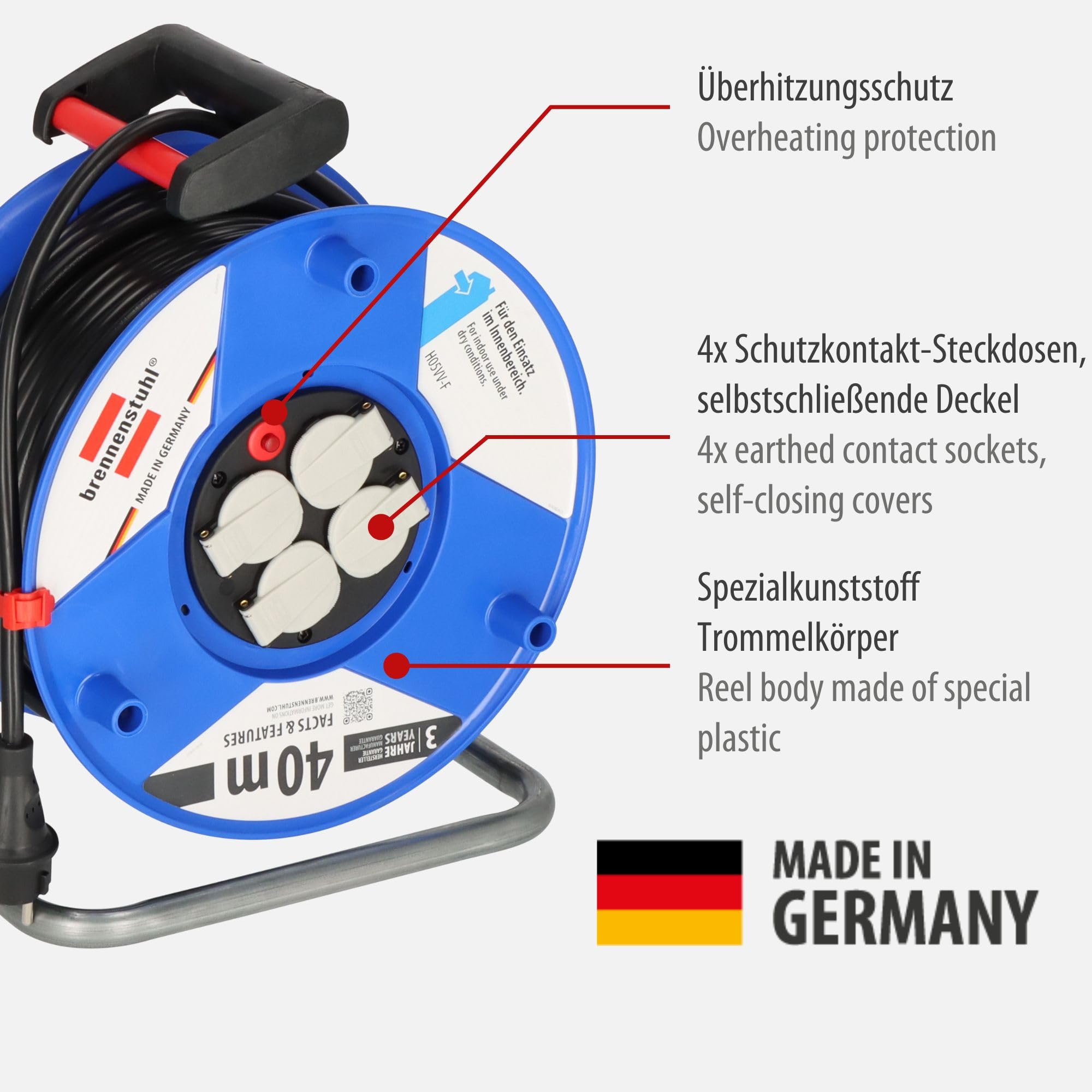 Brennenstuhl Garant bęben kablowy 40 m (z specjalnego tworzywa sztucznego, do stosowania we wnętrzach, Made in Germany) niebieski