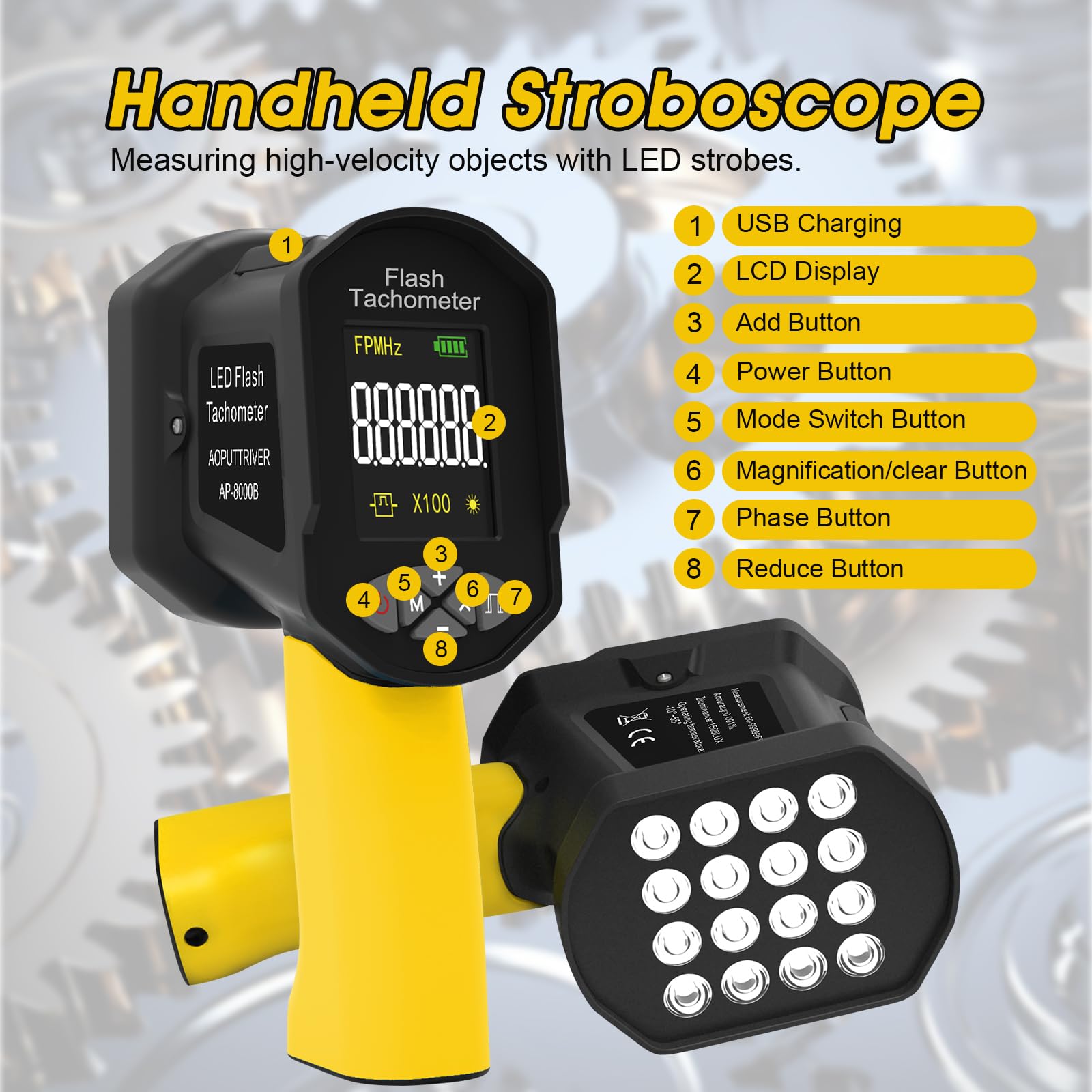 LED estroboscópico digital, tacómetro 60-100000RPM, 16 luces LED ajustable