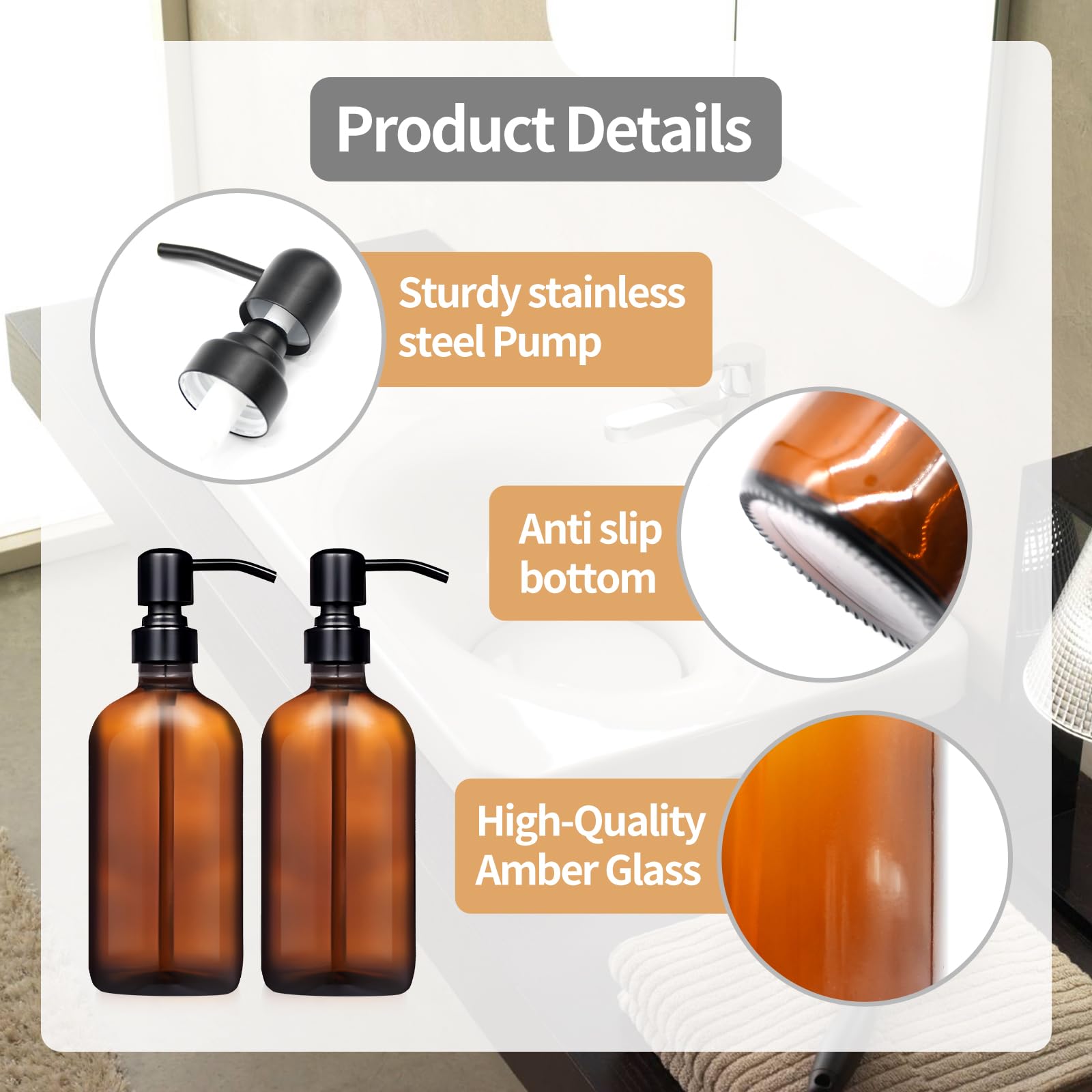 2 Dispenser Sapone Vetro Ambra 500ml – Dosatori Per Bagno E Cucina Con Base Silicone E Pompa Inox