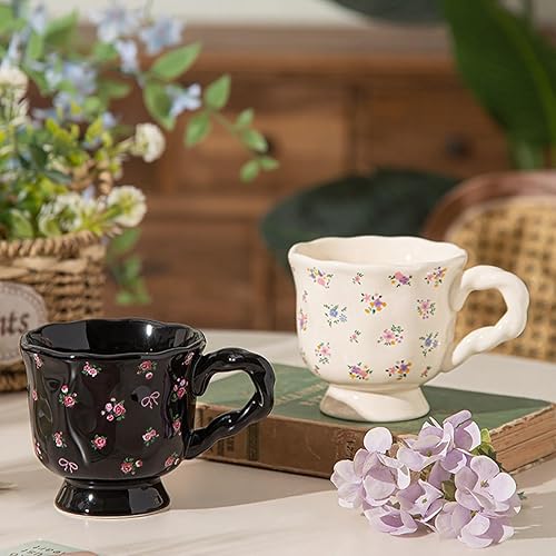 Miniatura 8 de Hiceeden Juego de 2 tazas de café de cerámica floral, tazas de café vintage de 14 onzas con patrón de flores, tazas de café únicas con base para