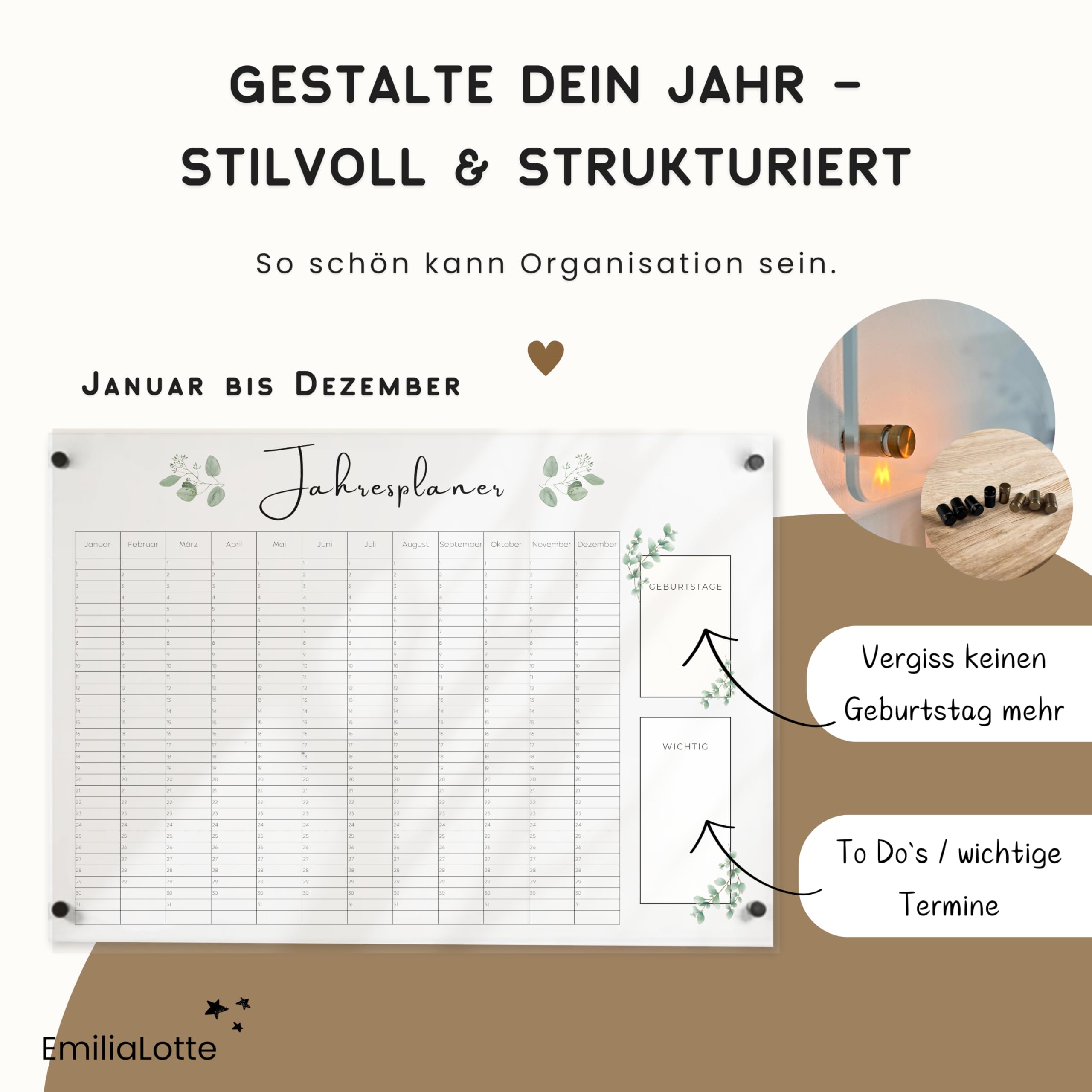 EmiliaLotte Personalisierter Familienplaner aus hochwertigem Acryl I Abwischbarer Wand Kalender für die ganze Familie I Wiederverwendbarer Jahresplaner mit Einkaufsliste, Menüplan & Mehr - Eukalyptus