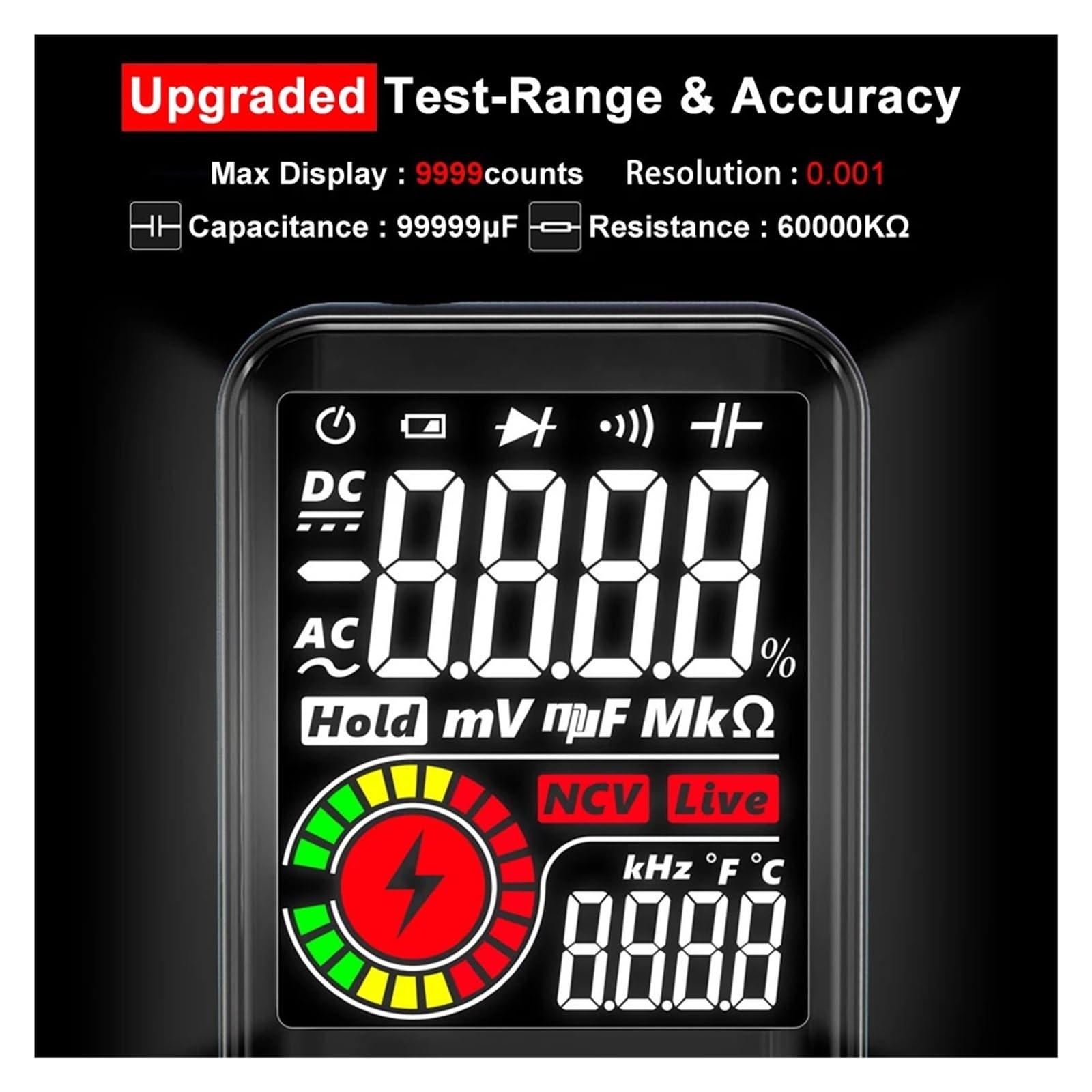 Multimetr Cyfrowy 9999 T-RMS 3,5 "Kolorowy Wyświetlacz LCD DC Napięcie AC Pojemność Ohm Dioda Multimetro NCV Hz Tester Drutu Pod Napięciem Bezpieczny, Praktyczny, DokłAdny(S11 Tool Kits)