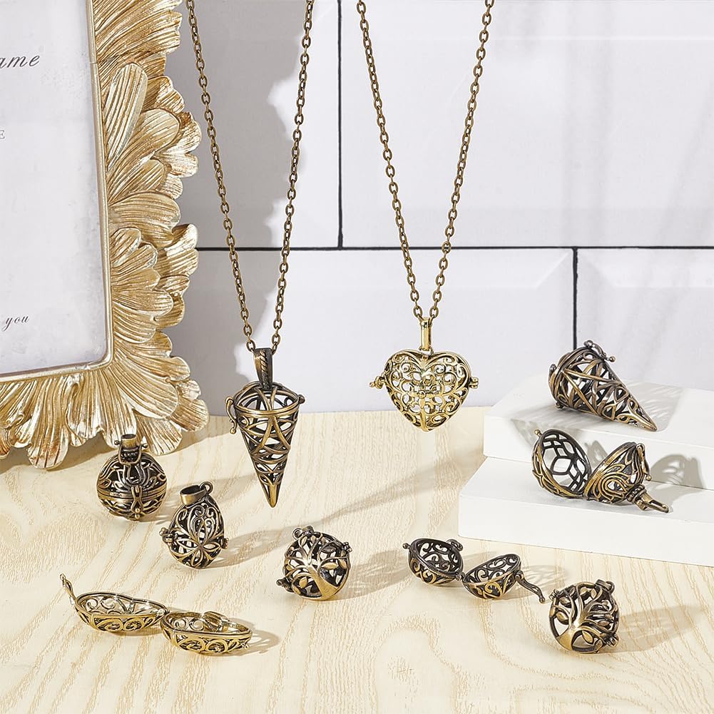 SUNNYCLUE 1 BOX 10PCS Bronze Locket Pendants Bulk Stone Holder Cage Brass Antique Hollow Diffuser Chime Ball Tree of Life Openable Charms for Jewelry Making Charms Women Diy Necklaces Crafts Supply