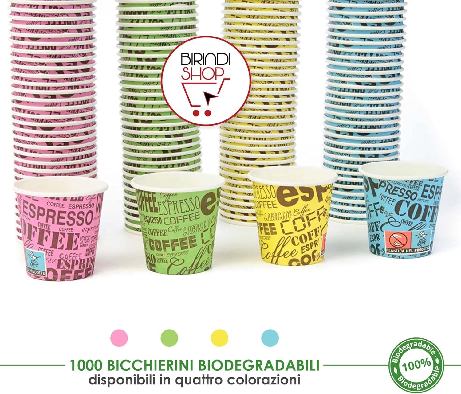 TeamBio 1000 Pz Bicchieri Caffe di Carta Biodegradabili Biocompostabili Tazzine 75ml
