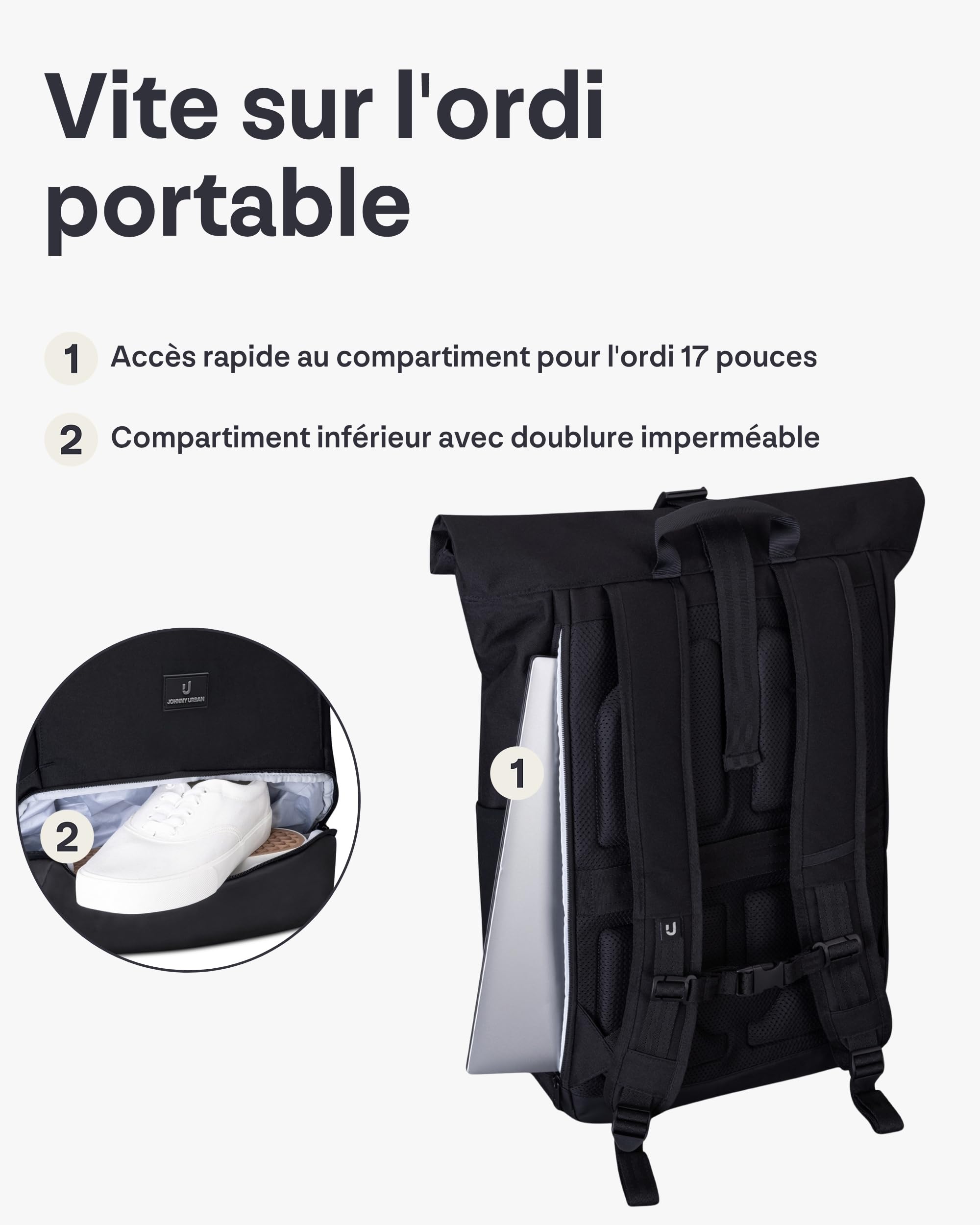 Johnny Urban Sac à Dos Femme & Homme Noir - Allen XL - Grand Sac Roll Top pour Travail & Voyage - Spacieux Backpack pour Ordinateur Portable - Imperméable