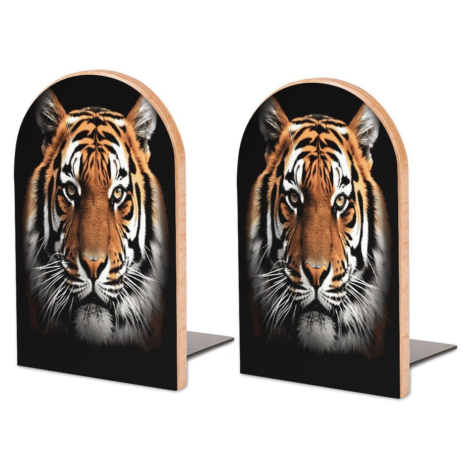 Large Tiger Face Book End with Metal Base Fashion Heavy Duty Bookend Exquisite Wooden Bookends Non-Skid Book Stopper for Shelves Books Organizer for Office Home 1 Pair